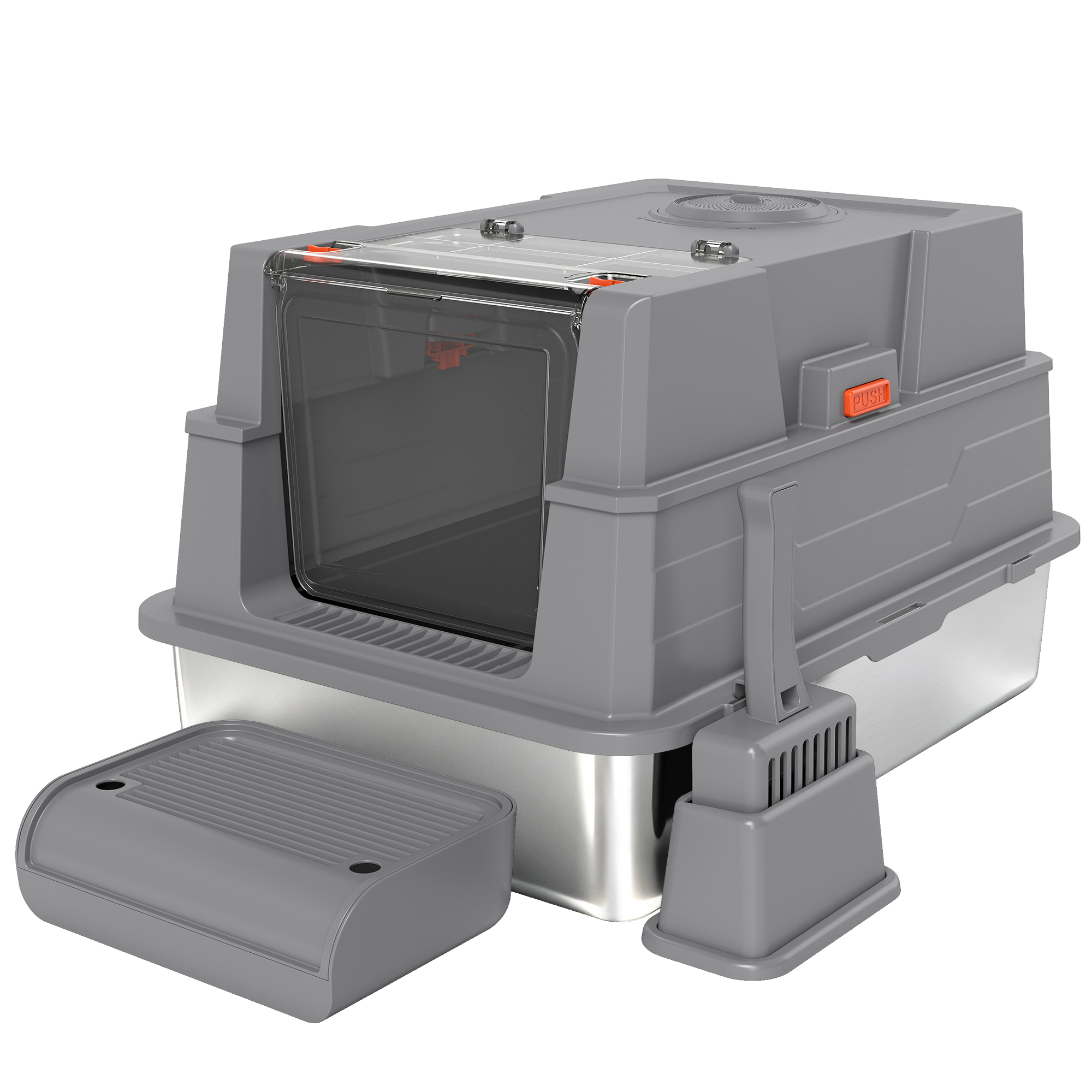 PawHut Lettiera 130L con Coperchio Ribaltabile a 180°, Pareti Laterali Alte, Paletta e Pedana, in Acciaio Inossidabile, 70x50x43 cm, Grigio   Aosom Italy