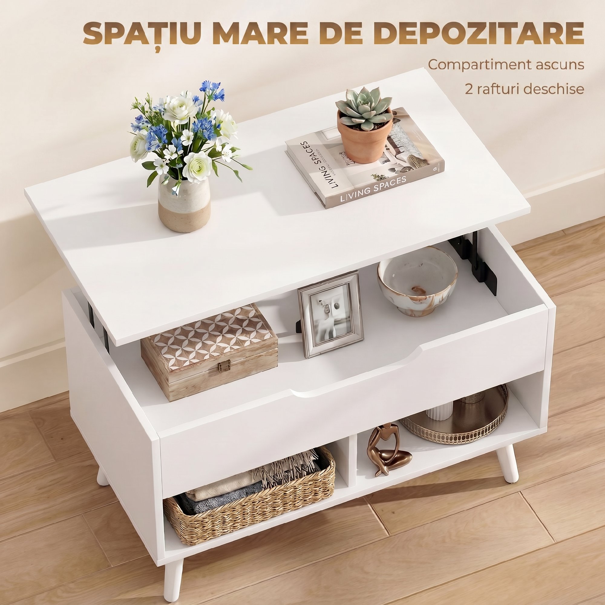 , Masa de Cafea, Cu Spatiu Ascuns, PAL, metal, 75 x 40 x 58 cm, Alb [4]