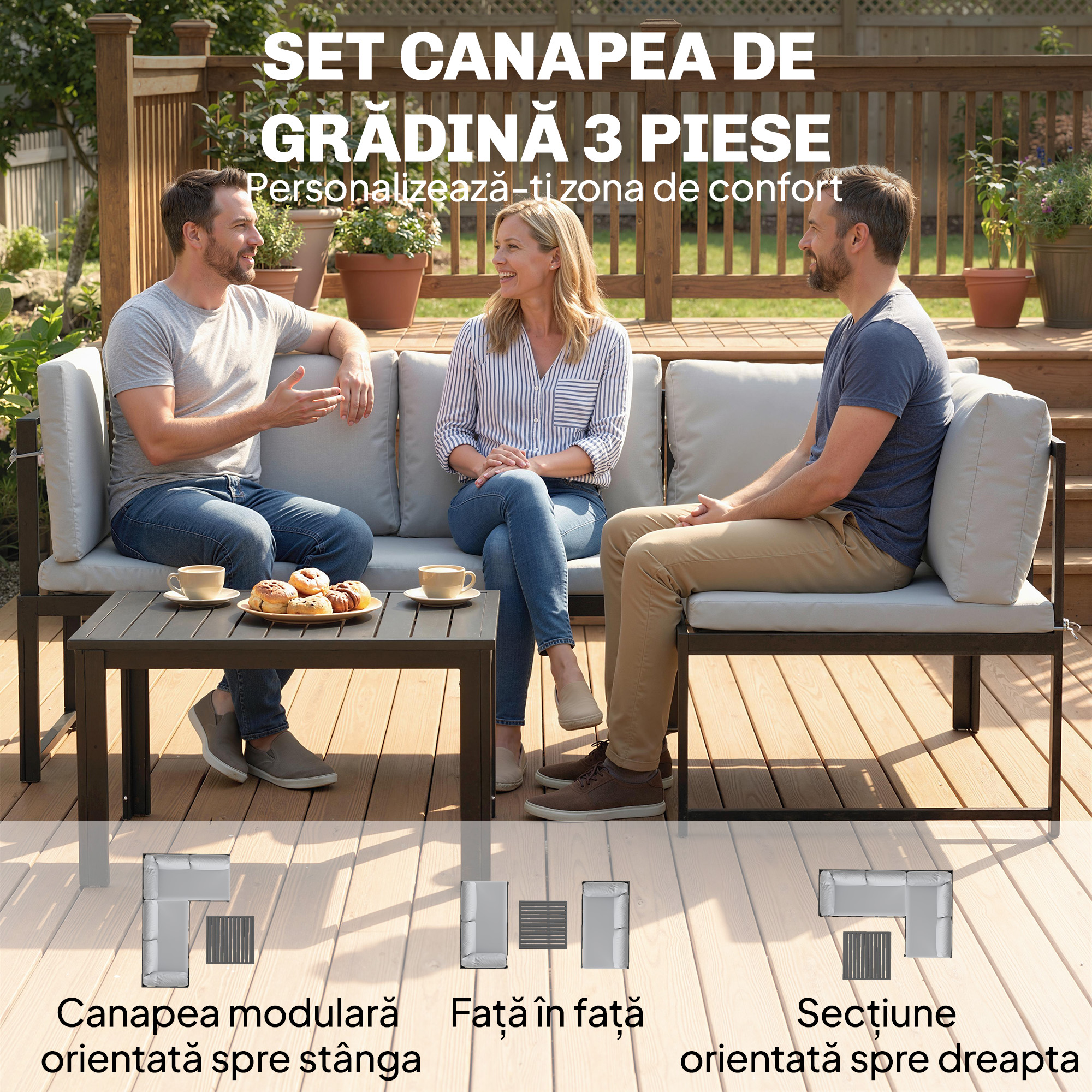  Set Mobilier de Gradina 3 Piese cu Coltar 4 Locuri si Masuta, Metal si Poliester Gri [3]