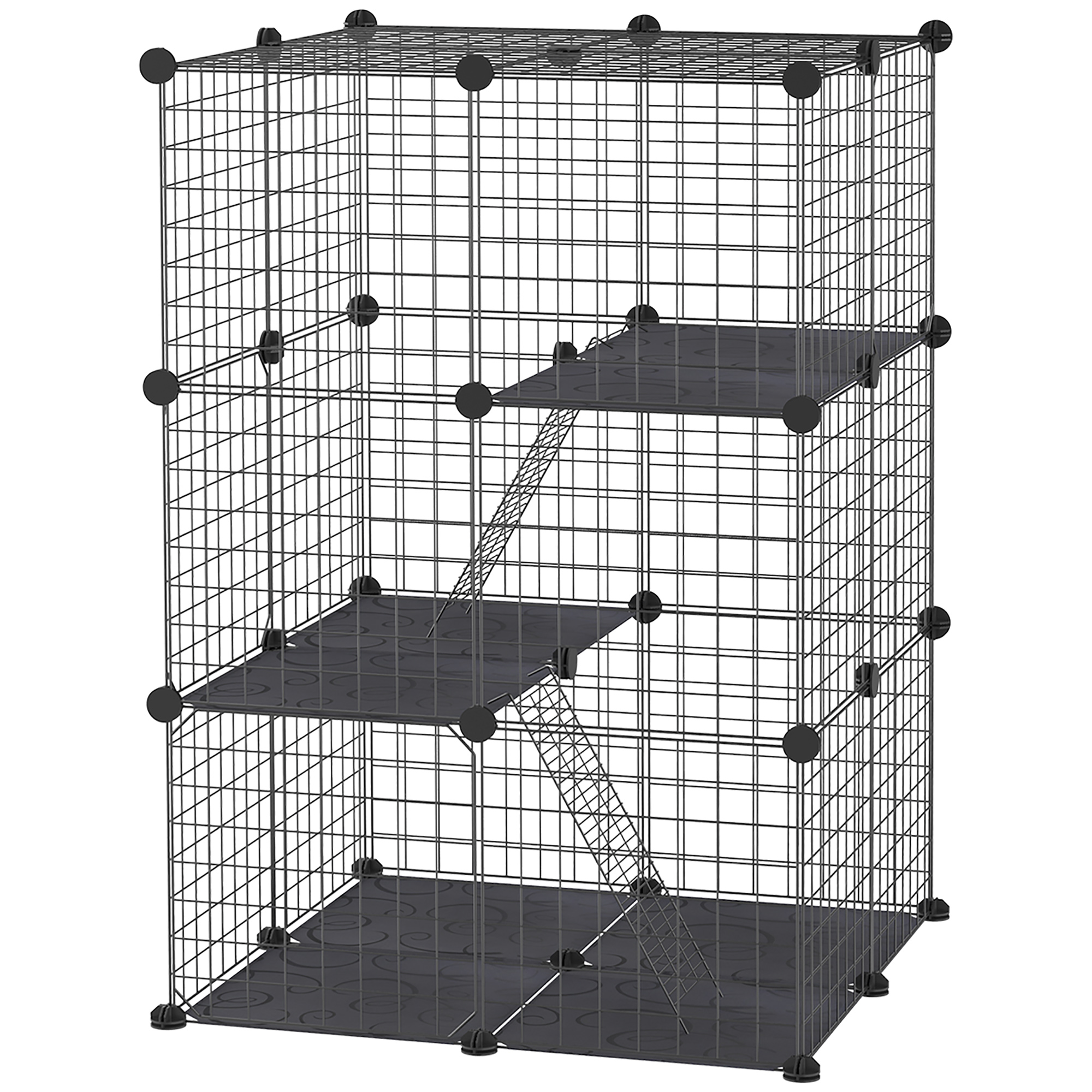 Comparer les prix de PawHut Enclos pour petits animaux, cage à lapin modulable 3 niveaux, 39 panneaux avec  rampes, en métal, 70 x 70 x 105 cm, noir