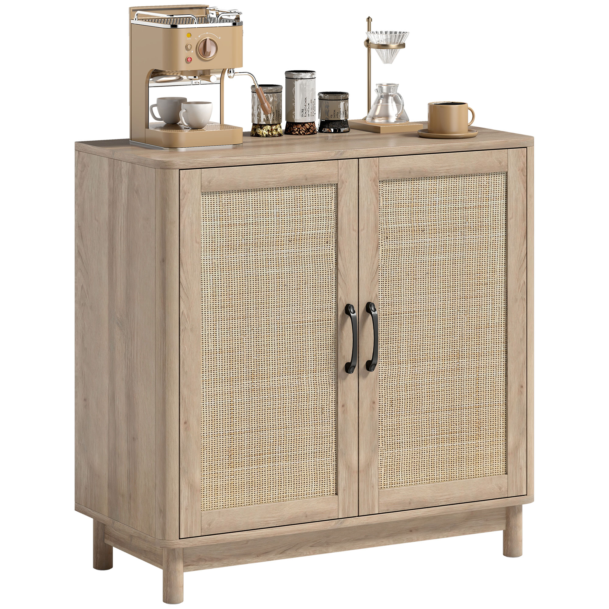 HOMCOM Buffet salon, meuble de rangement avec 2 portes en rotin, étagère réglable et bords arrondis, 76 x 35 x 75,5 cm, chêne