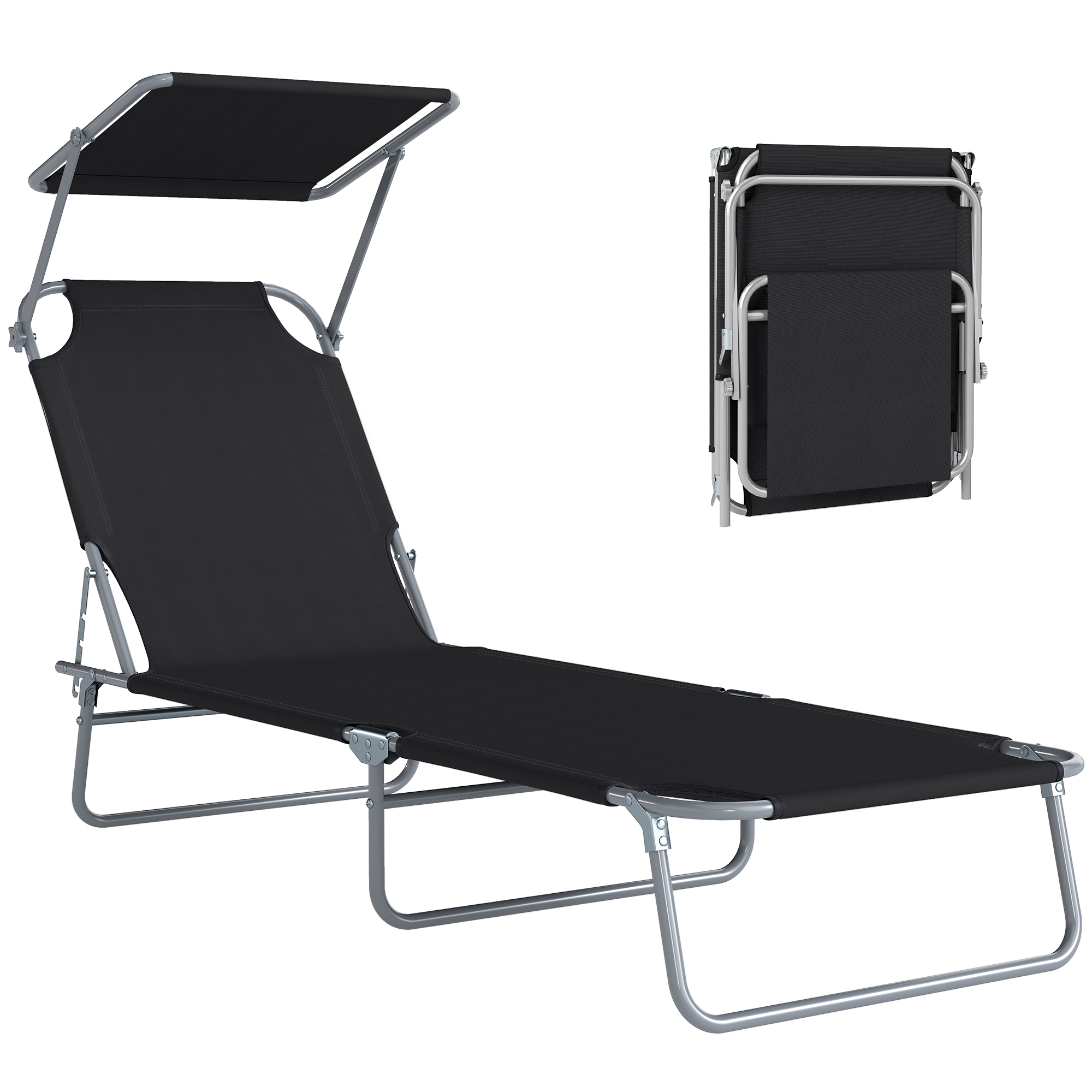 Outsunny Transat Bain de Soleil Noir Inclinable Multi-Positions avec Pare-Soleil Réglable 187x58x36cm Aosom France