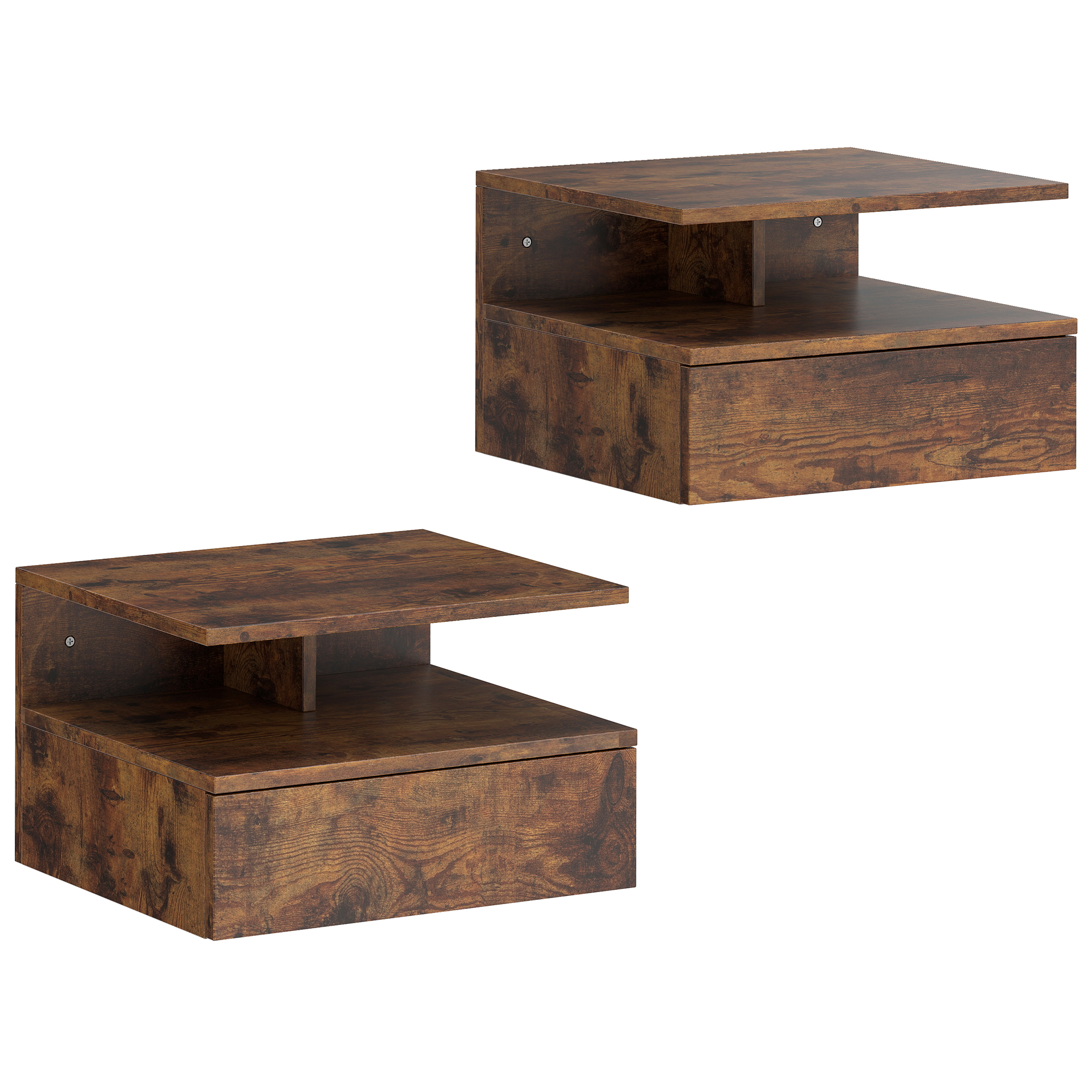 HOMCOM Set de 2 Noptiere Suspendate cu Sertar și Raft Deschis 35x32x22.5 cm Maro Rustic | Aosom Romania