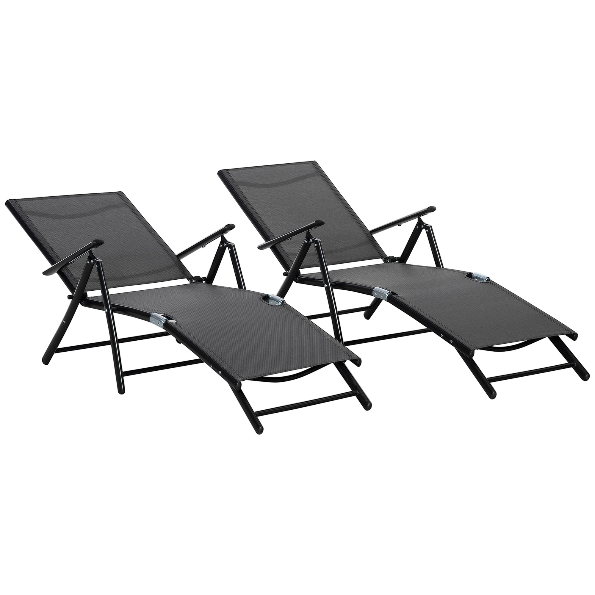 Outsunny Lot de 2 bain de soleil, chaise longue pliante, dossier réglable 7 positions, cadre en aluminium, 64x134x95cm, noir