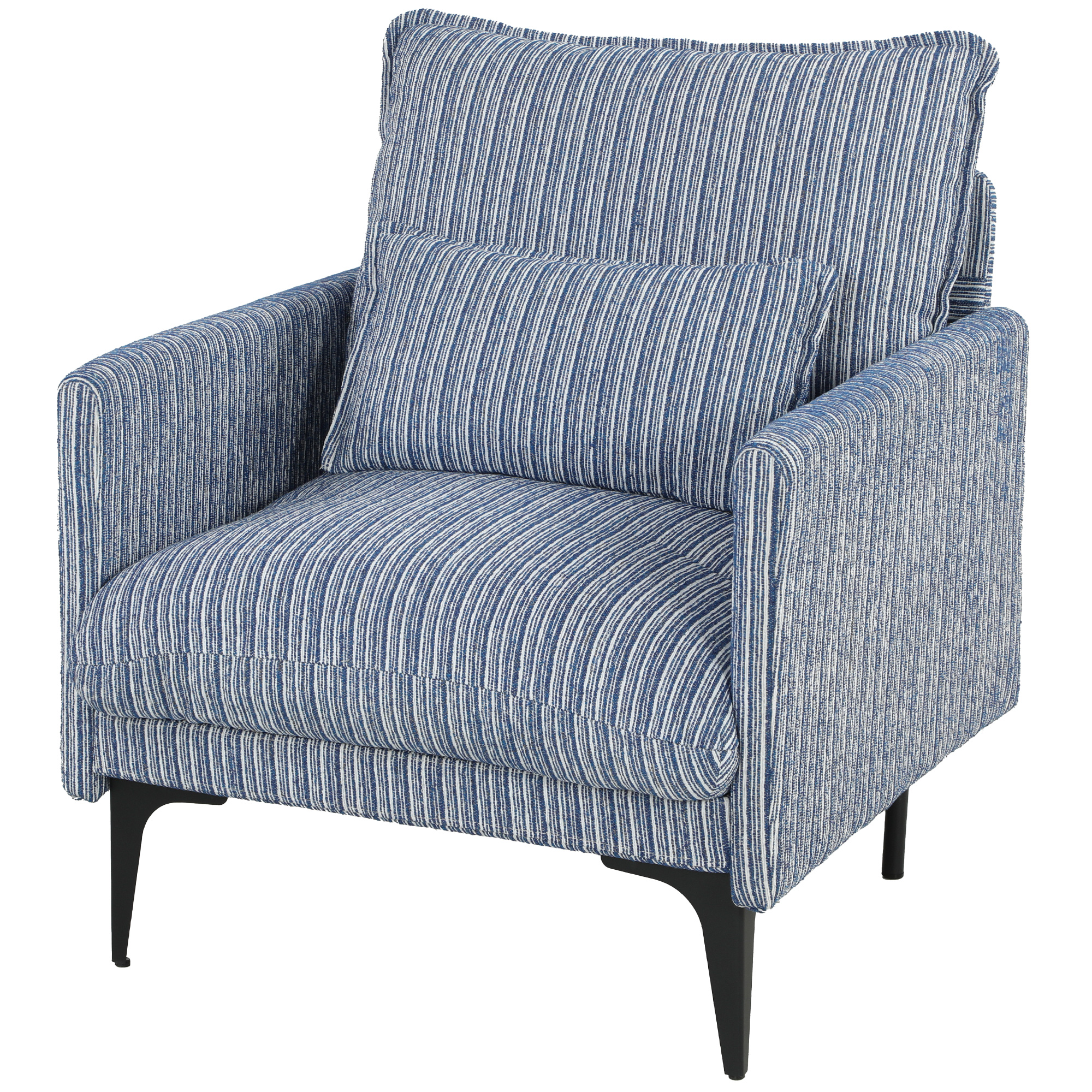 Fauteuil de salon rembourré en tissu effet lin avec accoudoirs, coussin lombaire et assise large, Bleu