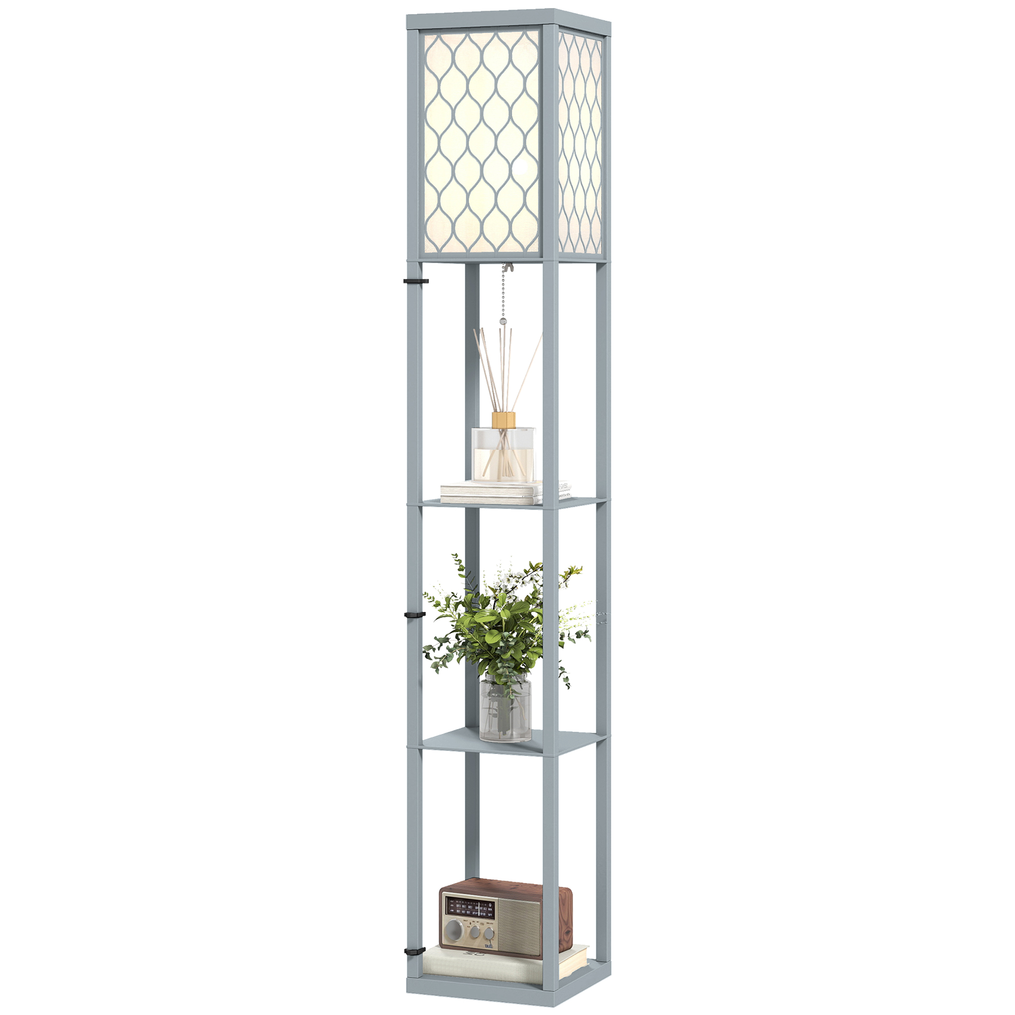 HOMCOM Lampadaire avec étagères, lampadaire sur pied de salon 3 niveaux, interrupteur à tirette 26 x 26 x 160 cm, gris et blanc