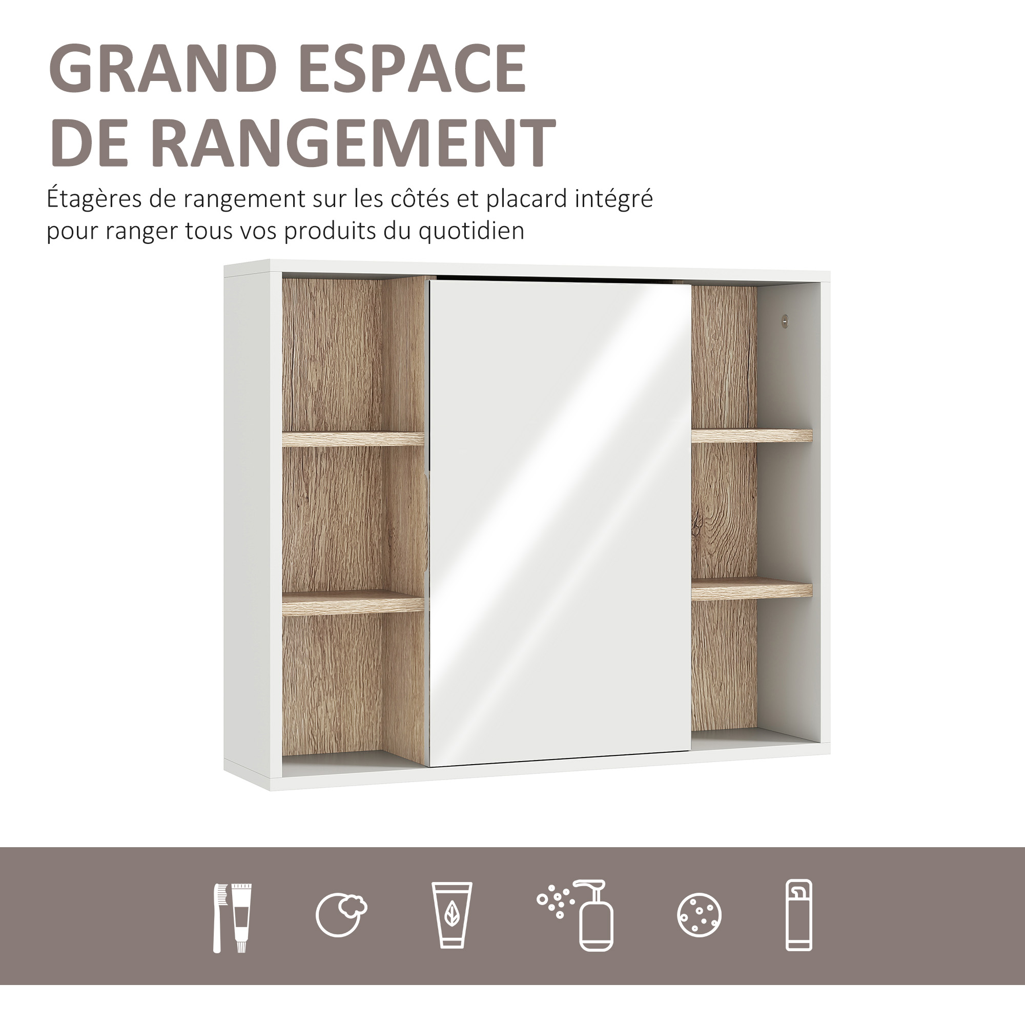 HOMCOM Armoire De Salle De Bain Avec Miroir Mural - Meuble Toilette Bois Naturel 60x20x60 Cm, 3 Étagères Ouvertes + 2 Portes Miroir, Rangement Malin Et Design Moderne