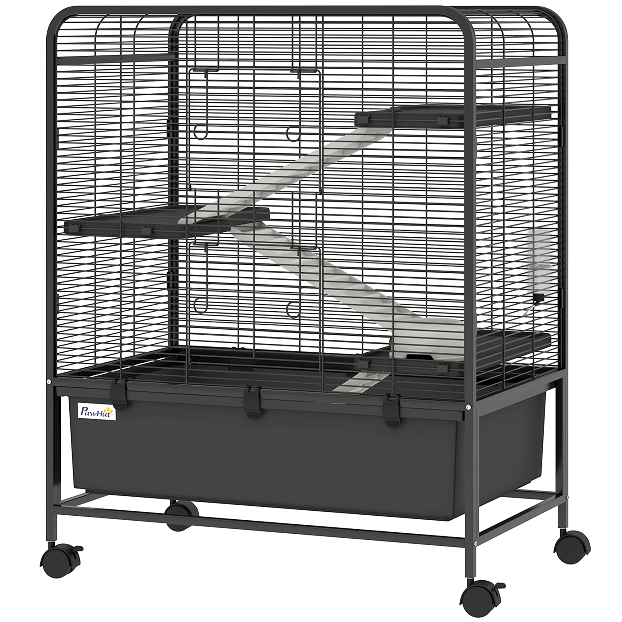 PawHut Jaula para Conejos de Acero de 4 Niveles con Plataformas, Rampas, Ruedas, Depósito de Agua y Bandeja Extraíble, Negro