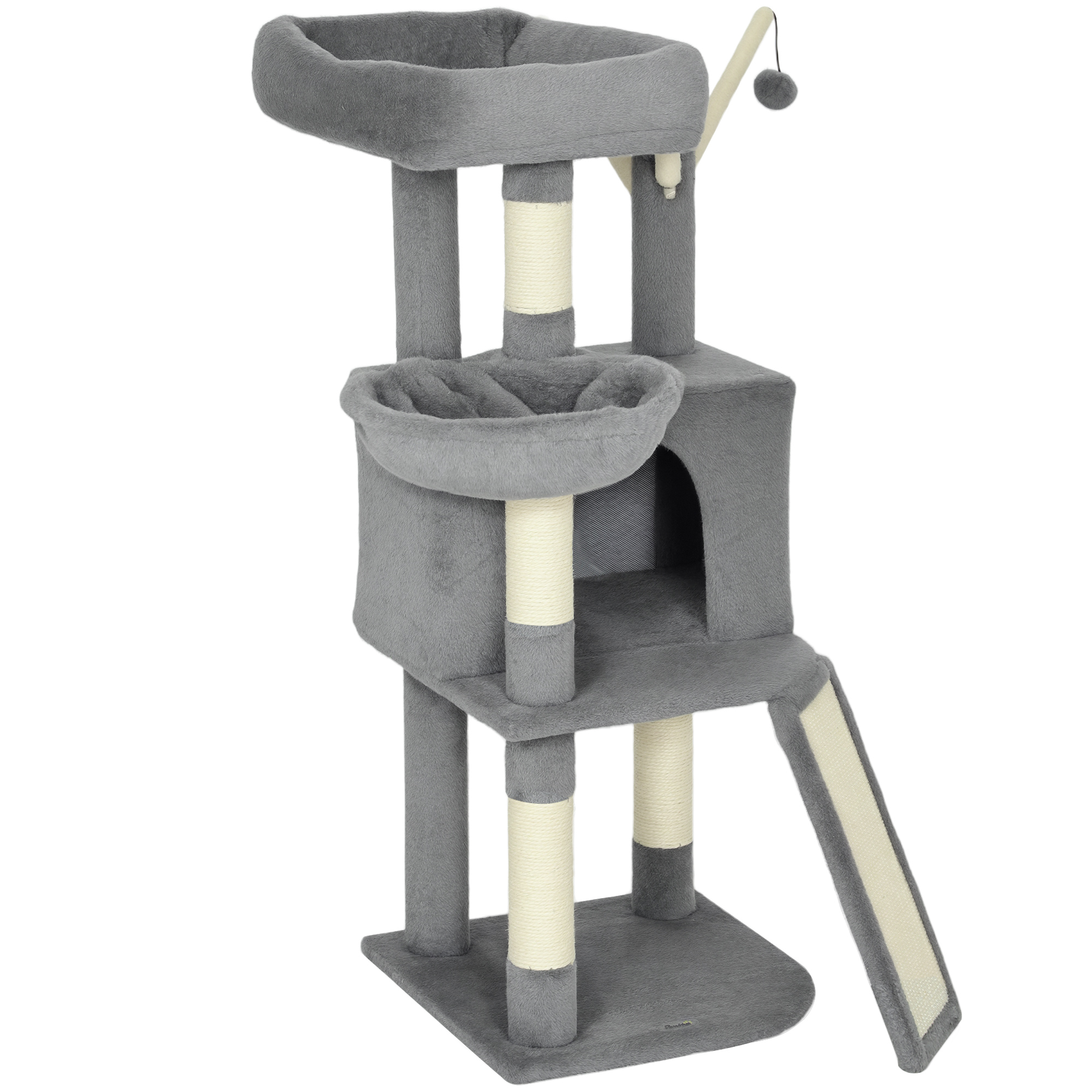 PawHut Arbre à chat tour de jeux pour chats griffoirs et tapis en sisal, plate-forme, niche, hamac, 40,5 x 40,5 x 103 cm, gris