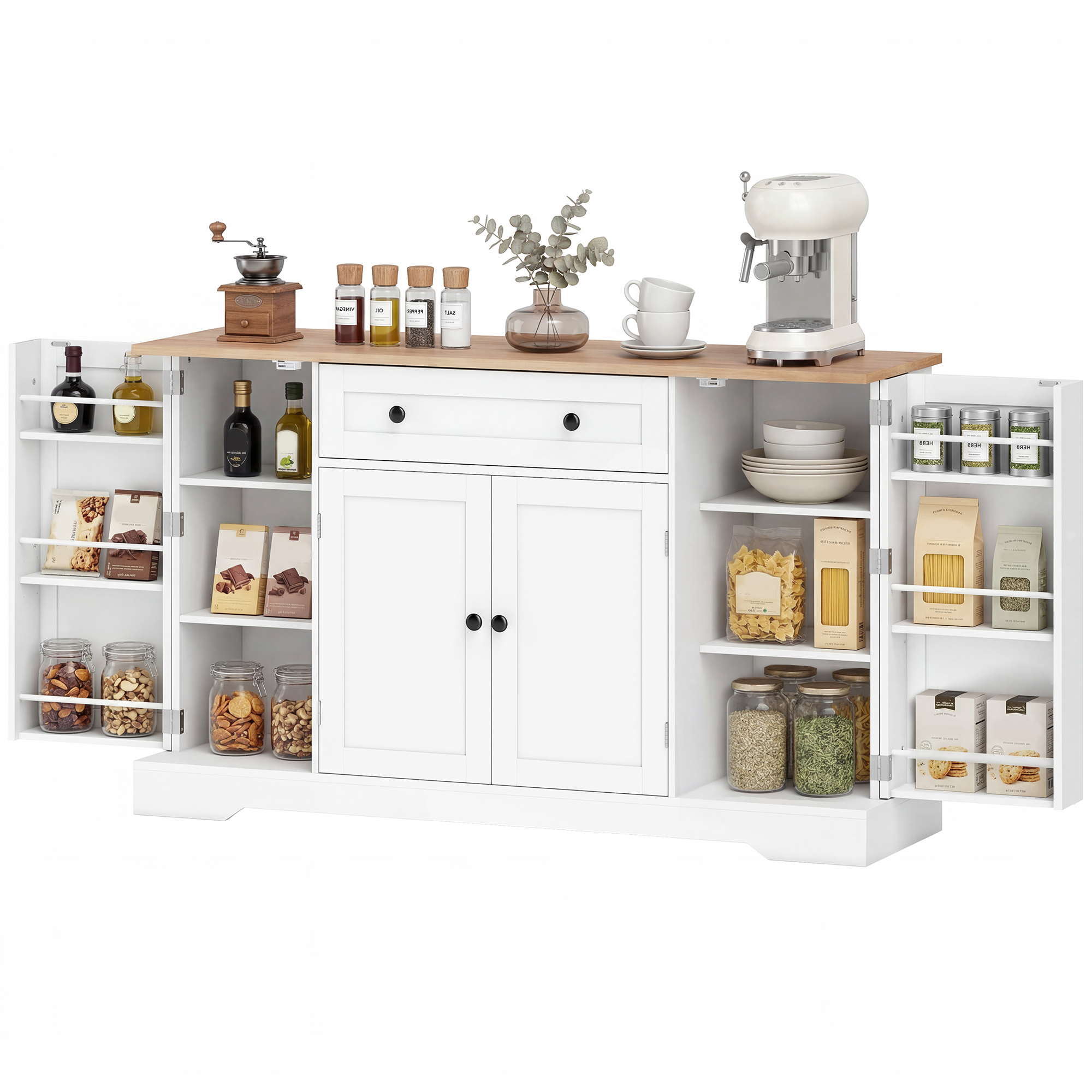 HOMCOM Buffet cuisine, meuble de rangement avec tiroir, 4 portes, étagères réglables et 6 racks de porte, 138x40x83,5cm, blanc