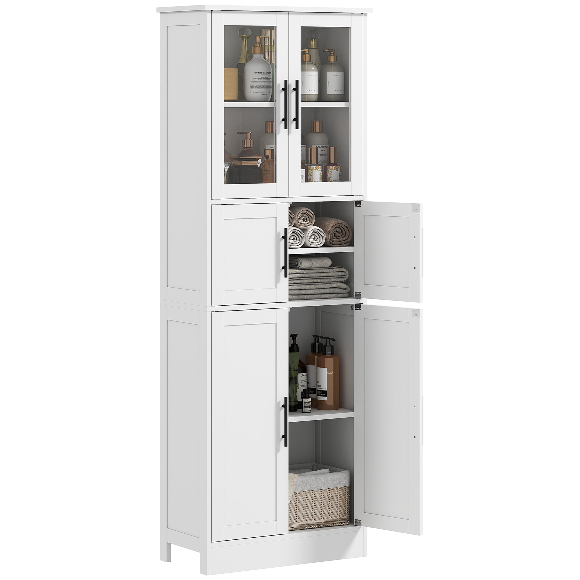 HOMCOM Meuble de salle de bain, meuble de rangement 6 niveaux, 6 portes dont 2 vitrées, étagères réglables, 60x30x170cm, blanc