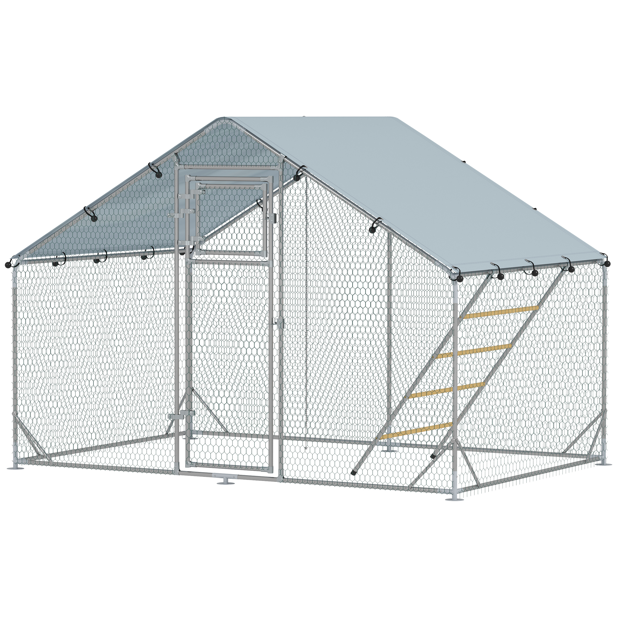 PawHut Enclos poulailler extérieur parc grillagé 6 m² avec perchoir et mangeoire acier galvanisé Ø25mm 300x200x195cm argent