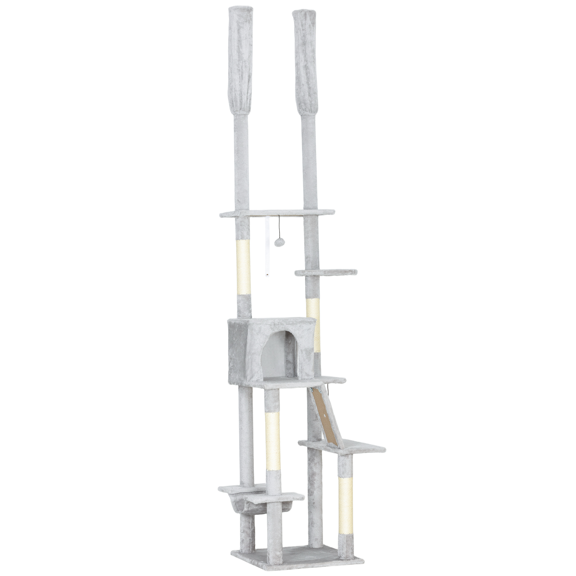 Comparer les prix de PawHut Arbre à chat du sol au plafond griffoir pour chat hauteur réglable 225-255 cm 6 niveaux avec niche hamac gris clair