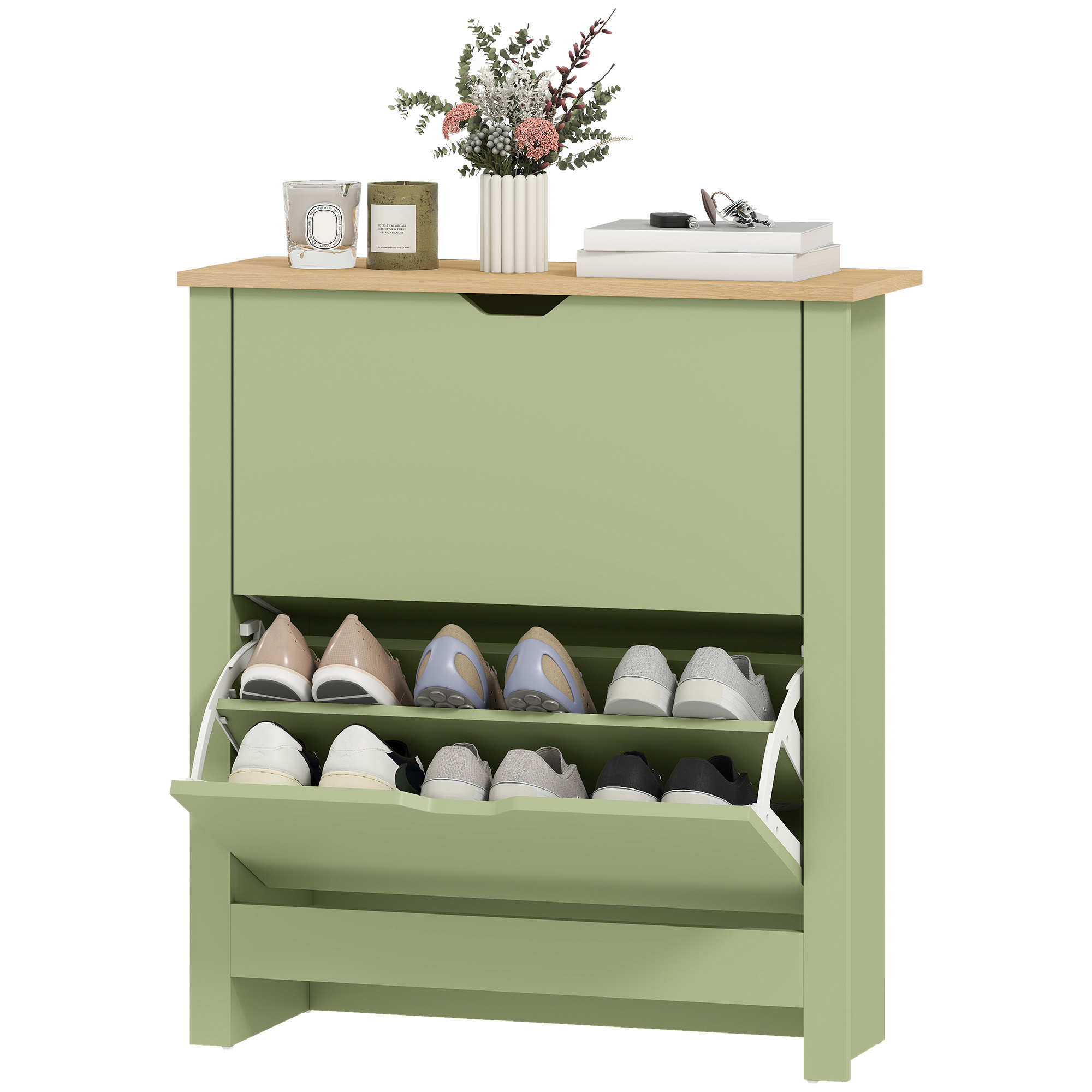 HOMCOM Meuble à chaussures 12 paires, armoire à chaussures étroite avec 2 tiroirs rabattables et étagères réglables, vert