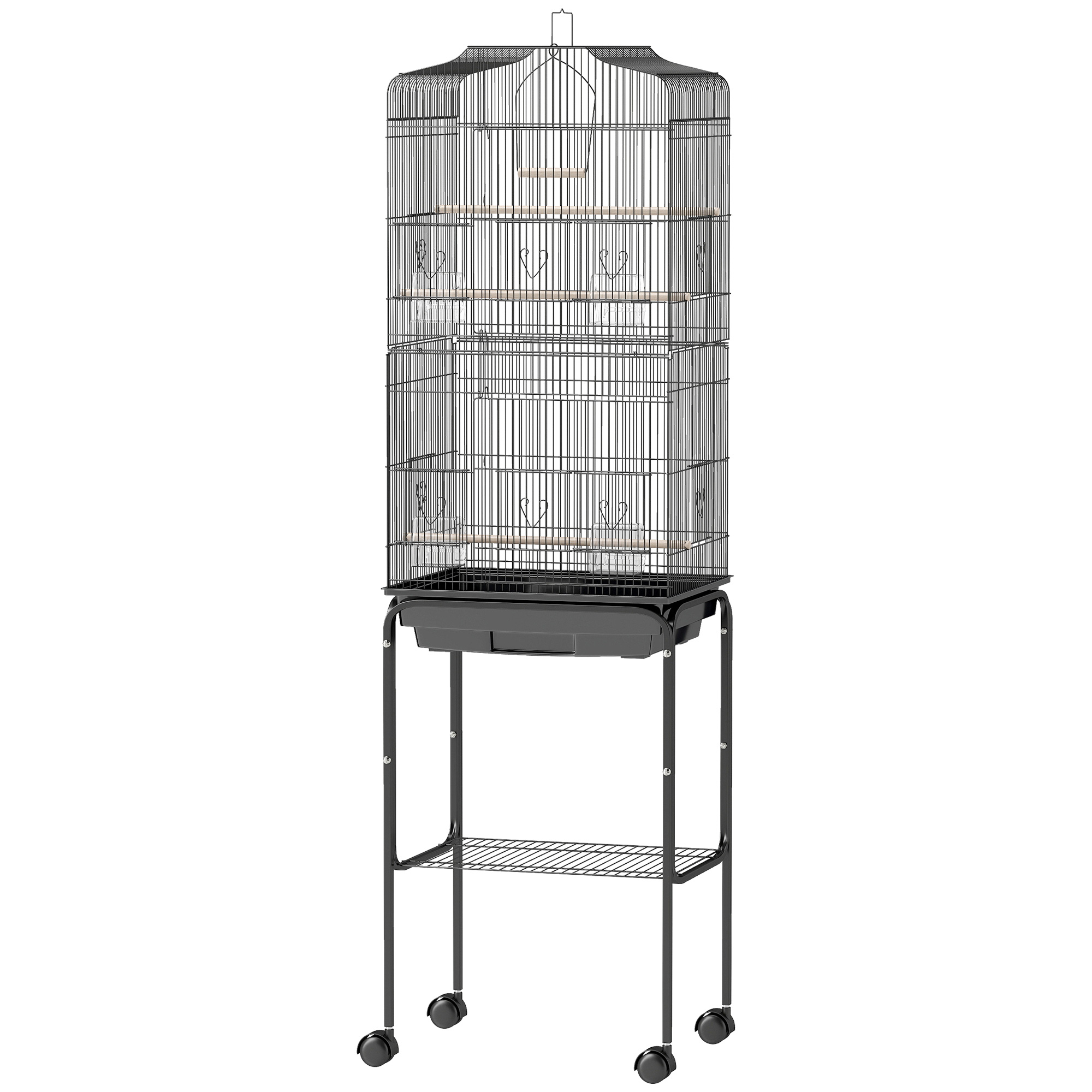PawHut Cage à oiseaux sur pied volière oiseaux sur roulettes toit ouvrant 3 perchoirs étagère inférieure 46,5x36x157cm noir