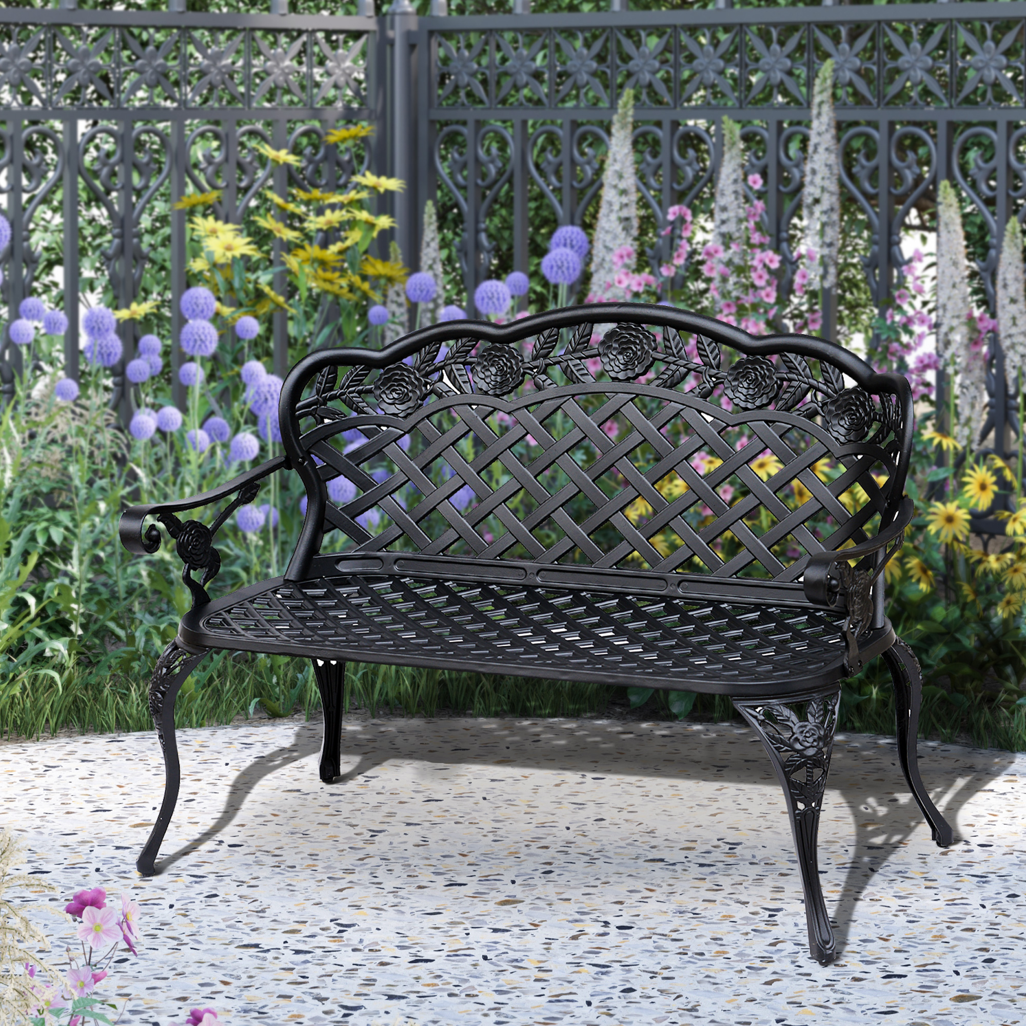 Outsunny Garden Bench, Cast Aluminium, 107Lx58Wx85H cm-Black Outsunny Garden Bench, Cast Aluminium, 107Lx58Wx85H cm-Black