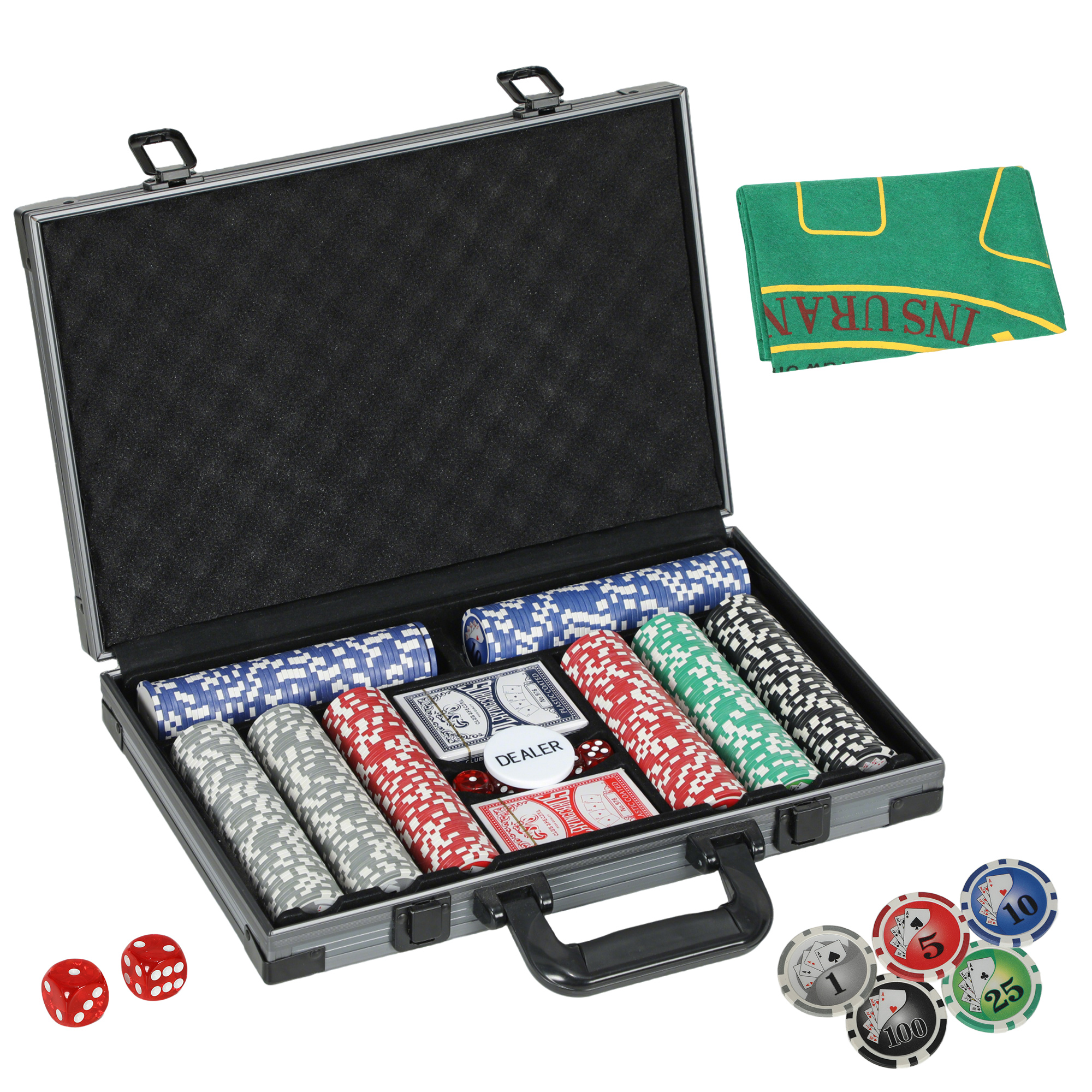 SPORTNOW Mallette de poker coffret de poker complet 400 jetons, boîtier en ABS, cartes à jouer, dés, dealer, tapis, clés
