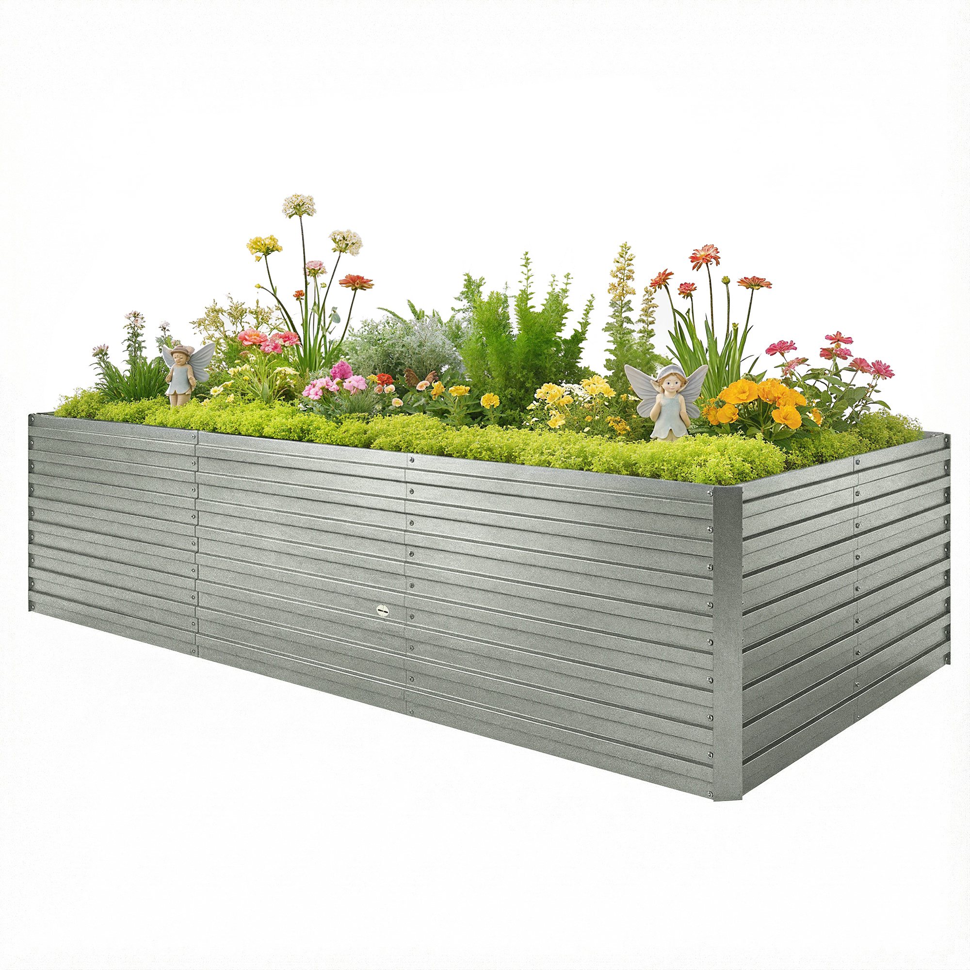 Outsunny Jardinière extérieure, jardinière surélevée galvanisée bordure de sécurité et fond ouvert 240 x 120 x 60 cm gris argenté