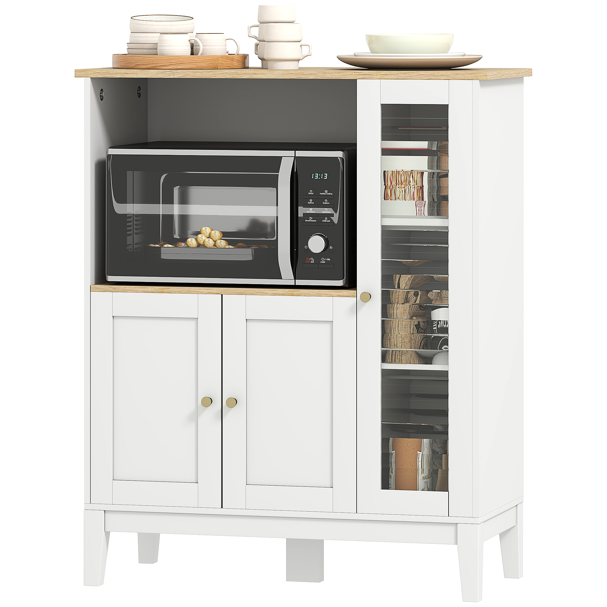 HOMCOM Meuble armoire micro-ondes pour cuisine avec 1 niche, 3 portes passe-câbles 80 x 35 x 97 cm blanc et aspect bois
