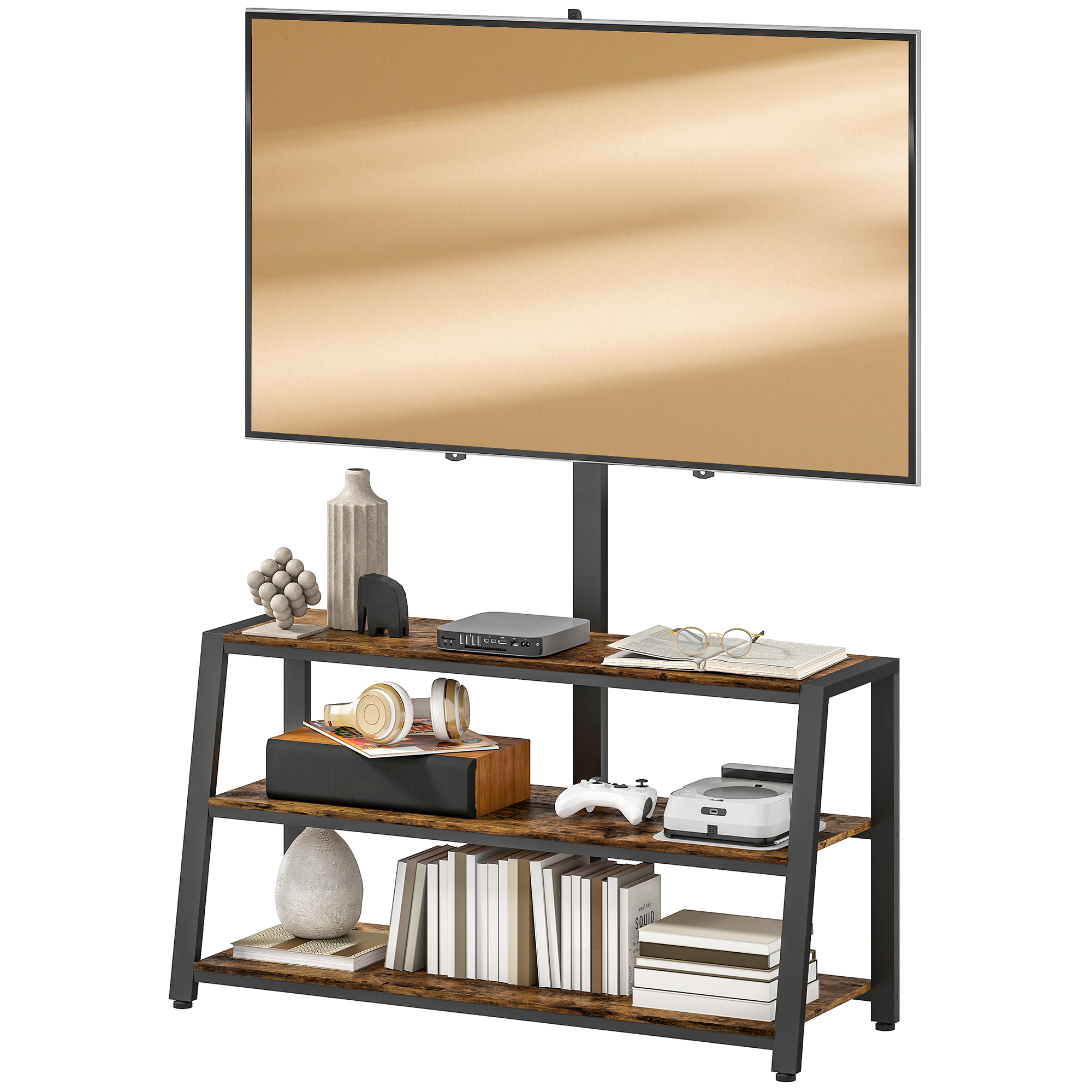HOMCOM Meuble TV avec support pour téléviseurs de 32-70 pouces, étagères ouvertes, angle ajustable 35°, 108x41x135cm, marron