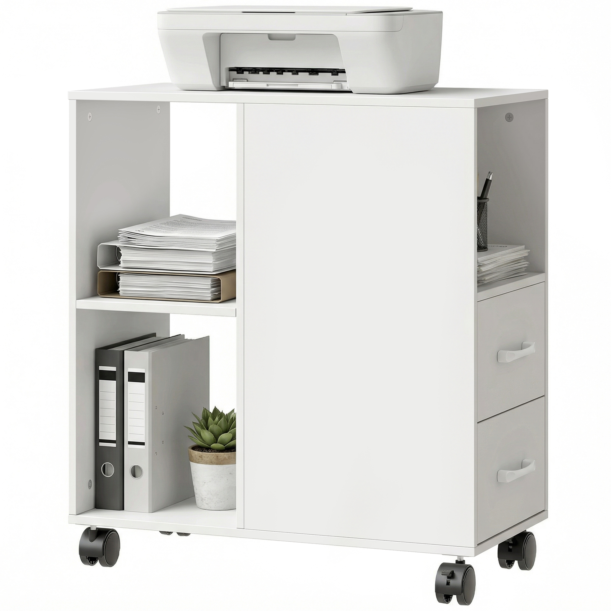 HOMCOM Table d'appoint avec roulettes, bout de canapé, tiroirs, étagère réglable et compartiment ouvert, 60x30x65cm, blanc