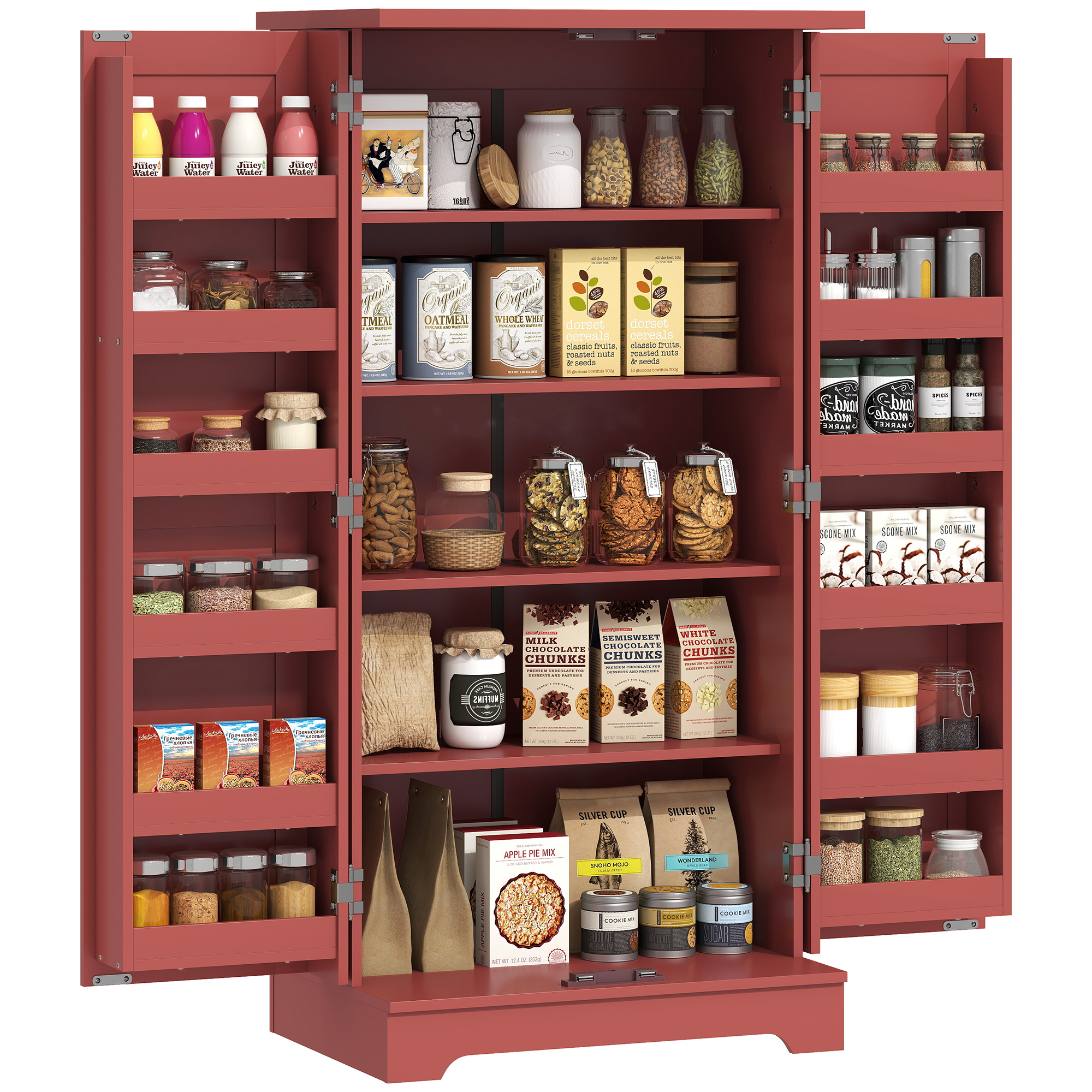 HOMCOM Buffet cuisine armoire de cuisine 5 niveaux avec portes et étagères réglables 60l x 40P x 120H cm grain de bois rouge