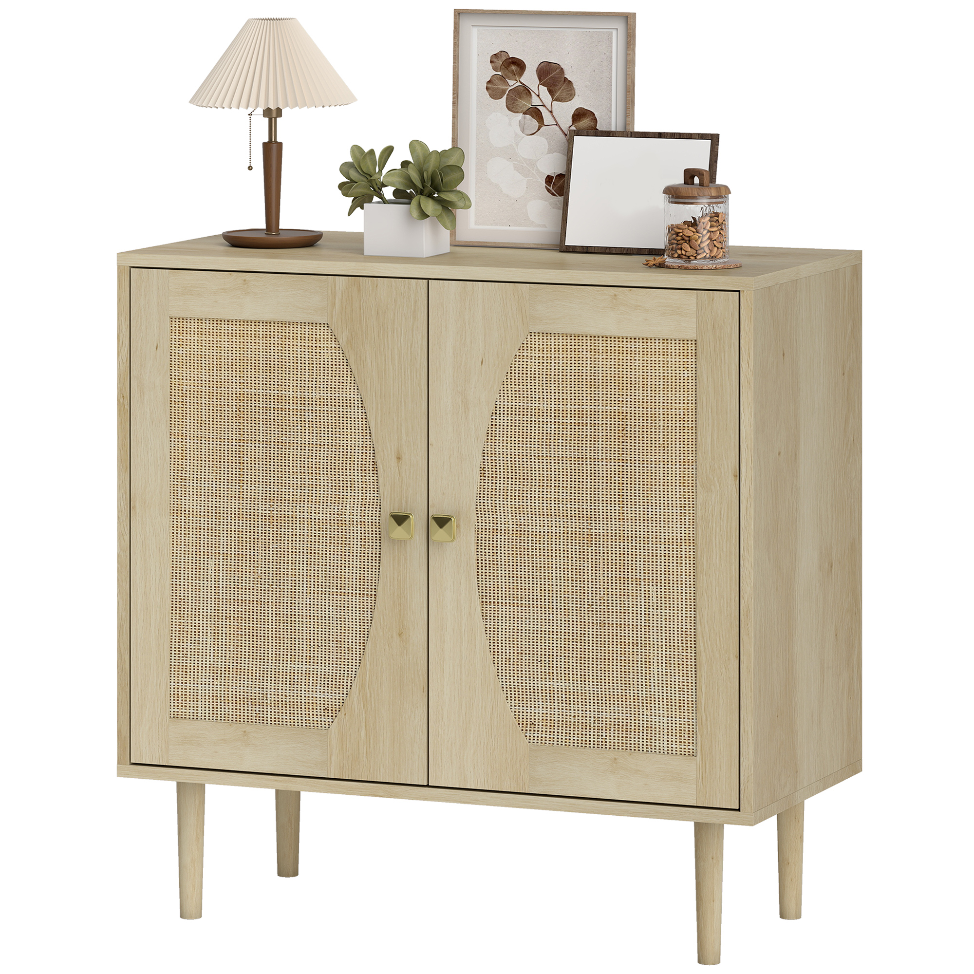 HOMCOM Buffet de cuisine meuble de rangement double portes avec 2 niveaux, façade en cannage 80 x 38 x 79 cm effet bois naturel