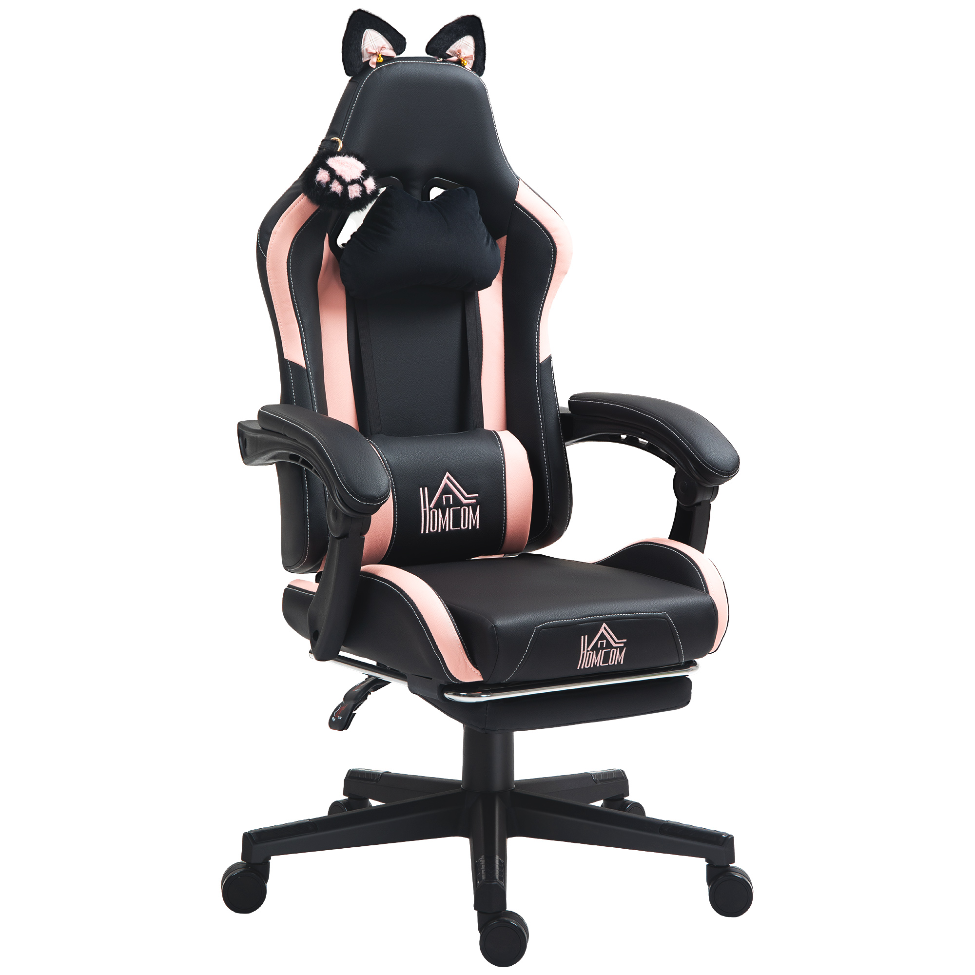 HOMCOM Chaise gaming ergonomique avec Oreilles de Chat, fauteuil gamer avec dossier inclinable, 65 x 62 x 124 cm, noir