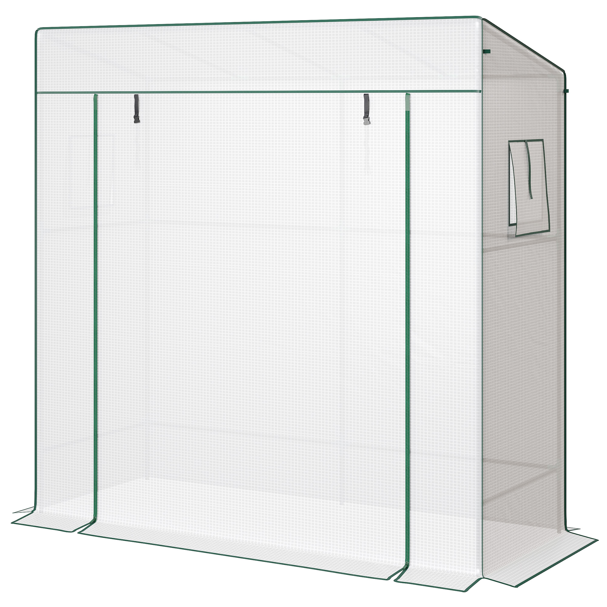 Outsunny Serre de jardin murale adossée avec 1 porte enroulable, bâche PE renforcée, 2 fenêtres, dim. 196L x 77l x 197/178H cm