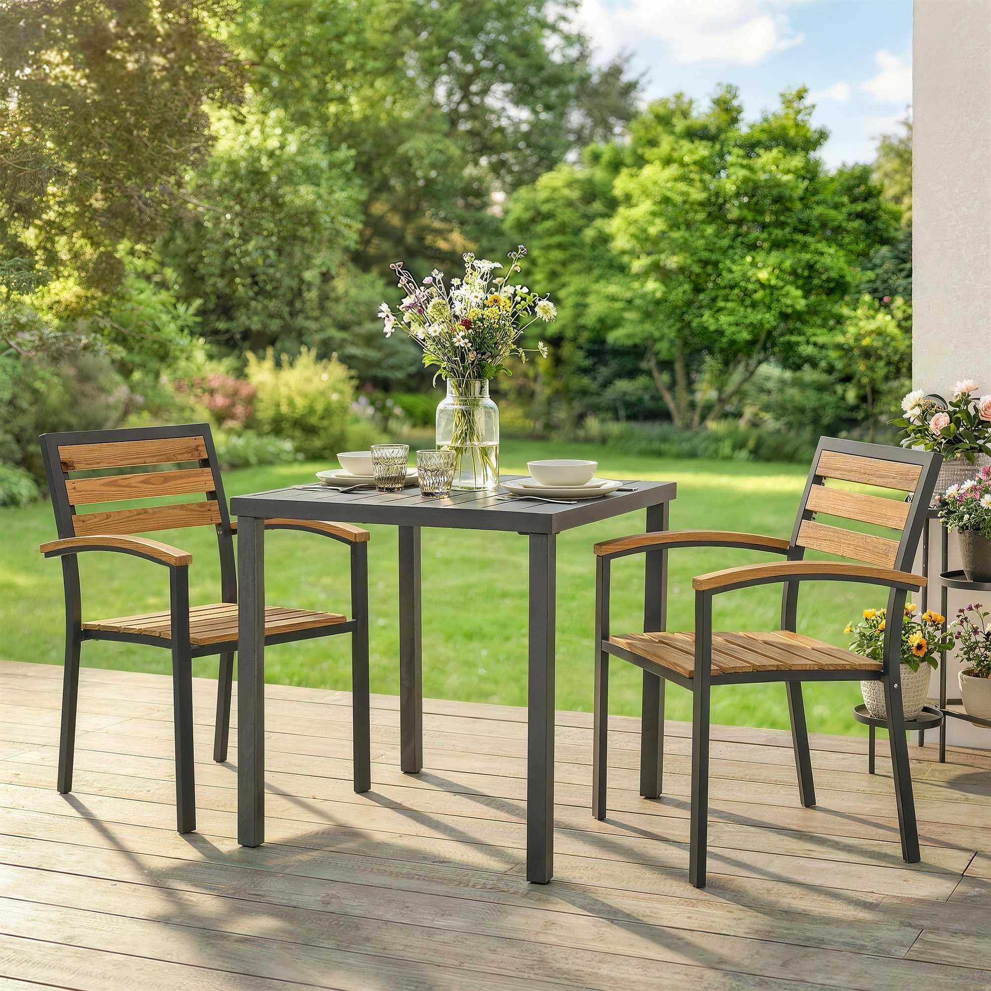 Outsunny Lot De 2 Chaises Jardin Empilables Avec Accoudoirs – Textilène Gris Clair – Confort Et Gain De Place !