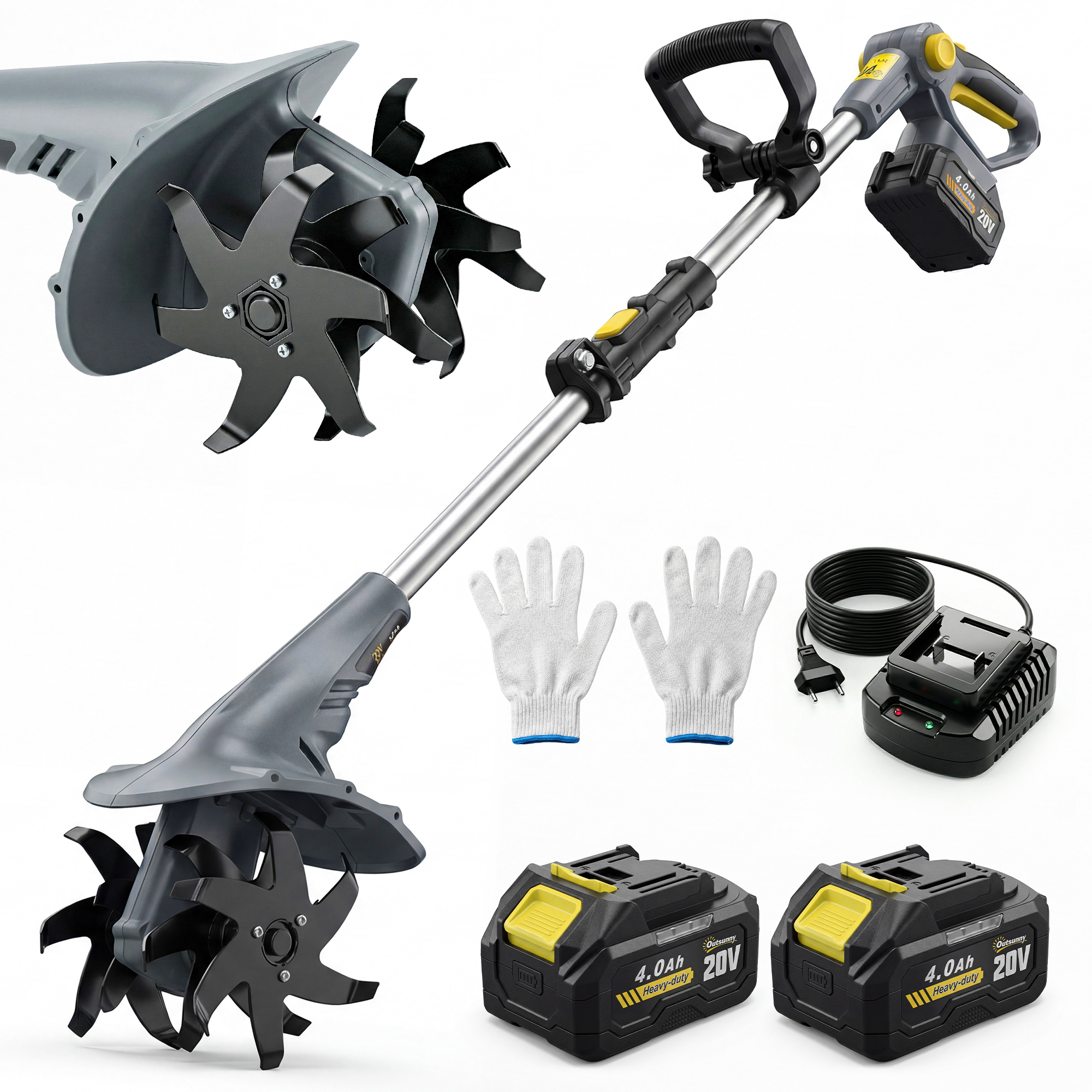 Outsunny Motoculteur sans fil, Rotavator électrique 18V avec 2 batteries 4000mAh, chargeur, largeur de travail 20 cm Gris