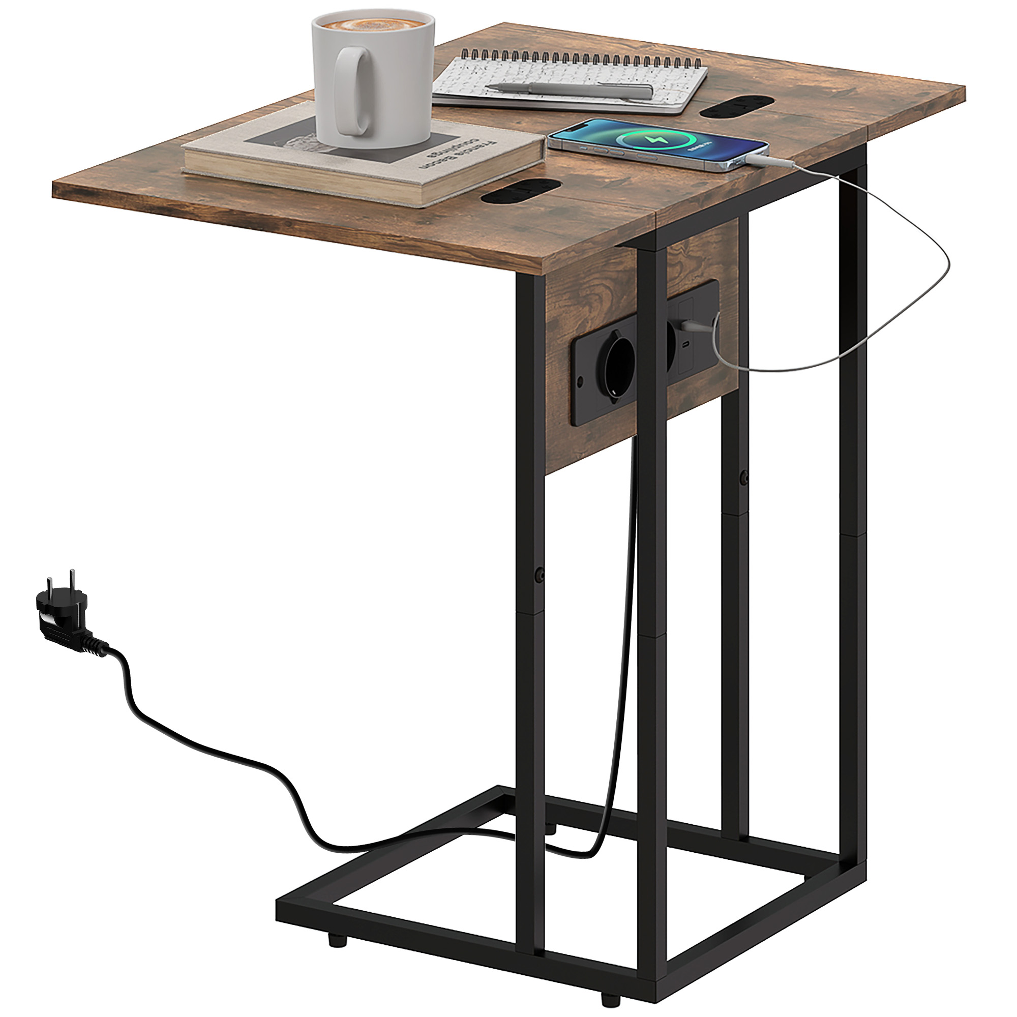 HOMCOM Table d'appoint bout de canapé avec station de charge, plateau pliable, 39 x 29 x 57 cm, brun rustique et noir