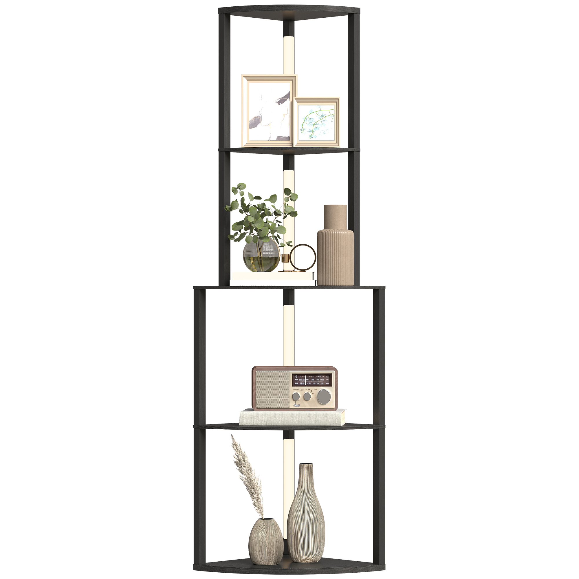 HOMCOM Lampadaire sur pied salon, lampadaire avec étagères d'angle à 4 niveaux, luminosité réglable, 55,5 x 39,5 x 163 cm, noir