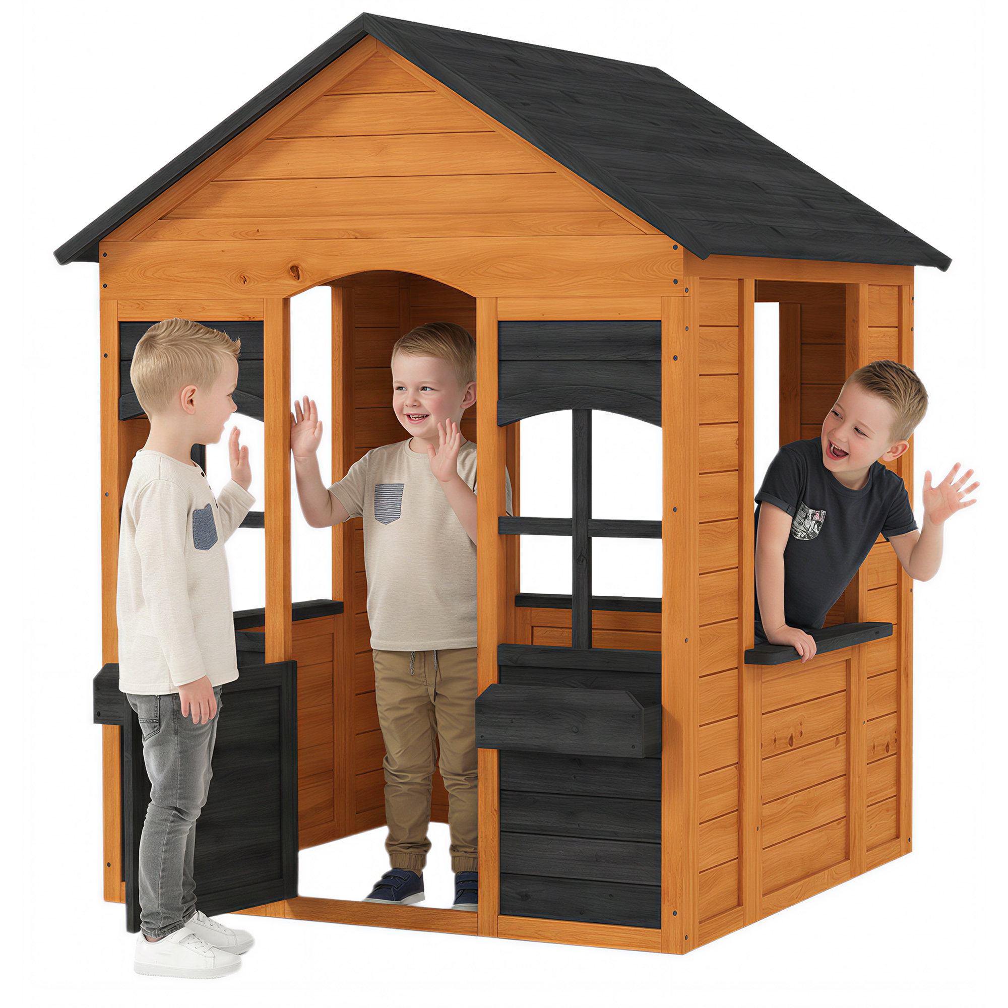 Cabane Enfant En Bois AIYAPLAY – Maisonnette De Jardin Avec Jardinières Et Fenêtres – Jeu Créatif Pour 3-8 Ans