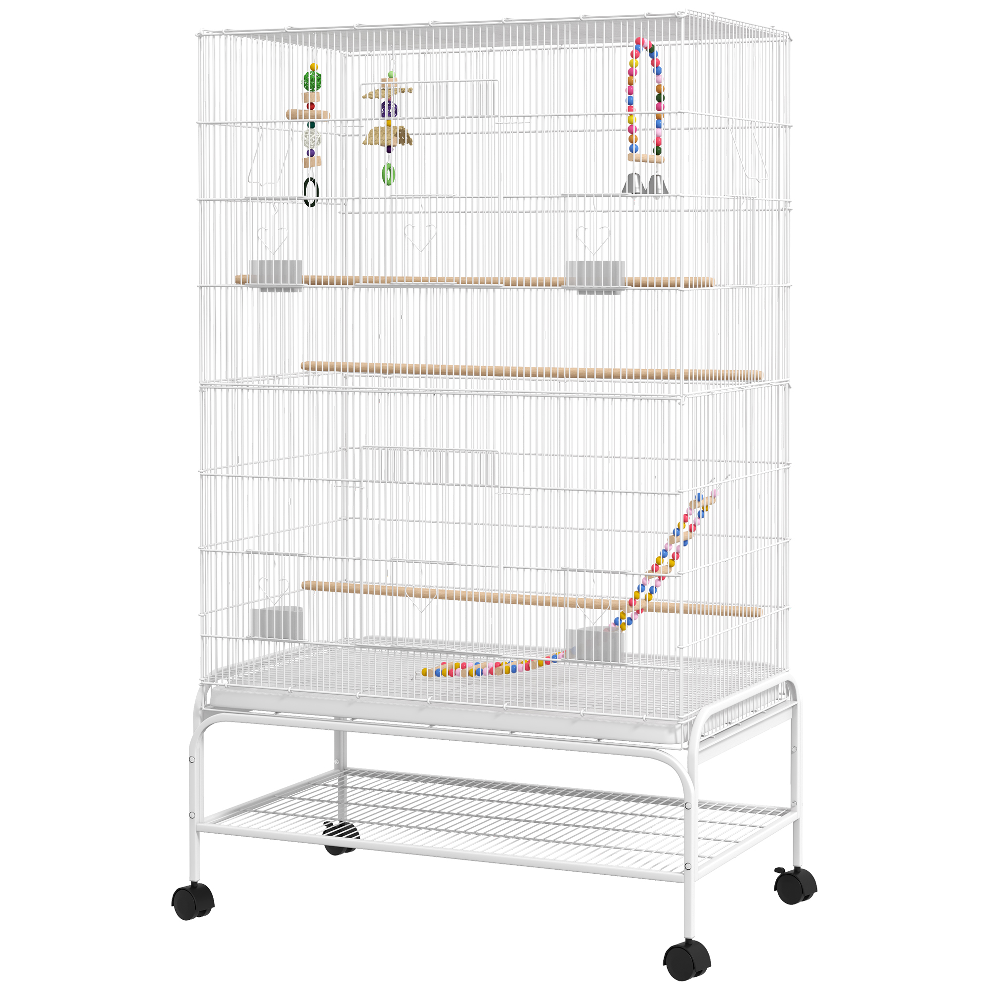 PawHut Cage à oiseaux sur pieds roulettes avec 4 mangeoires et 3 perchoirs 79 x 49 x 133 cm blanc