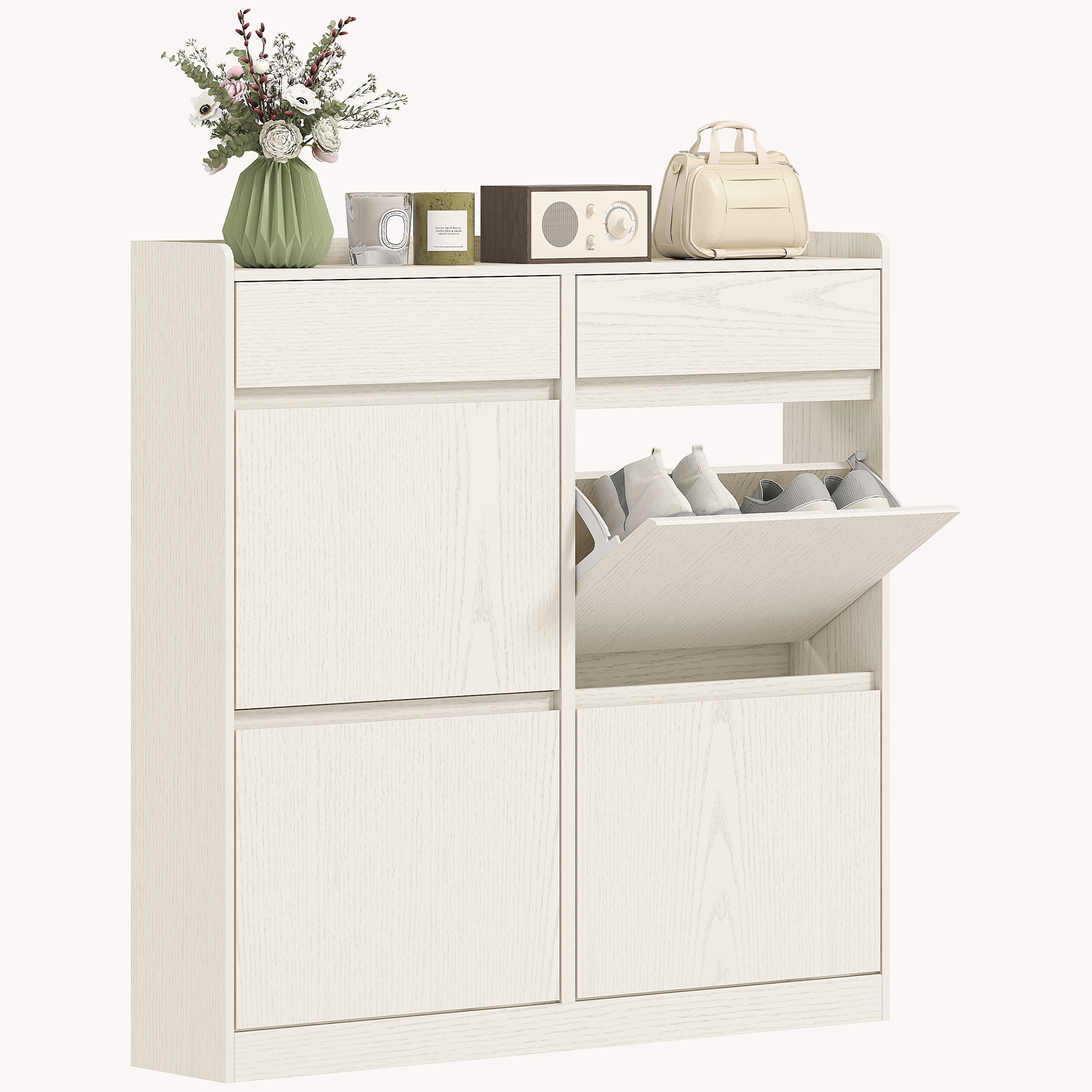 HOMCOM Meuble à chaussures 8 paires avec 2 tiroirs coulissants et 4 tiroirs rabattables, 98 x 19,2 x 95,3 cm, blanc