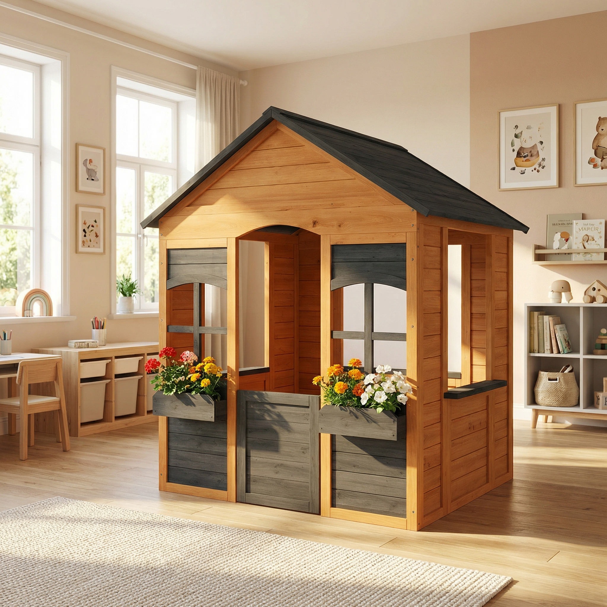 Maison de jeu extérieure - AIYAPLAY - demi-porte, fenêtres, bacs à fleurs - pour 3-8 ans - bois - 110,6x106,6x138cm - marron clair - Jeux - Jouets