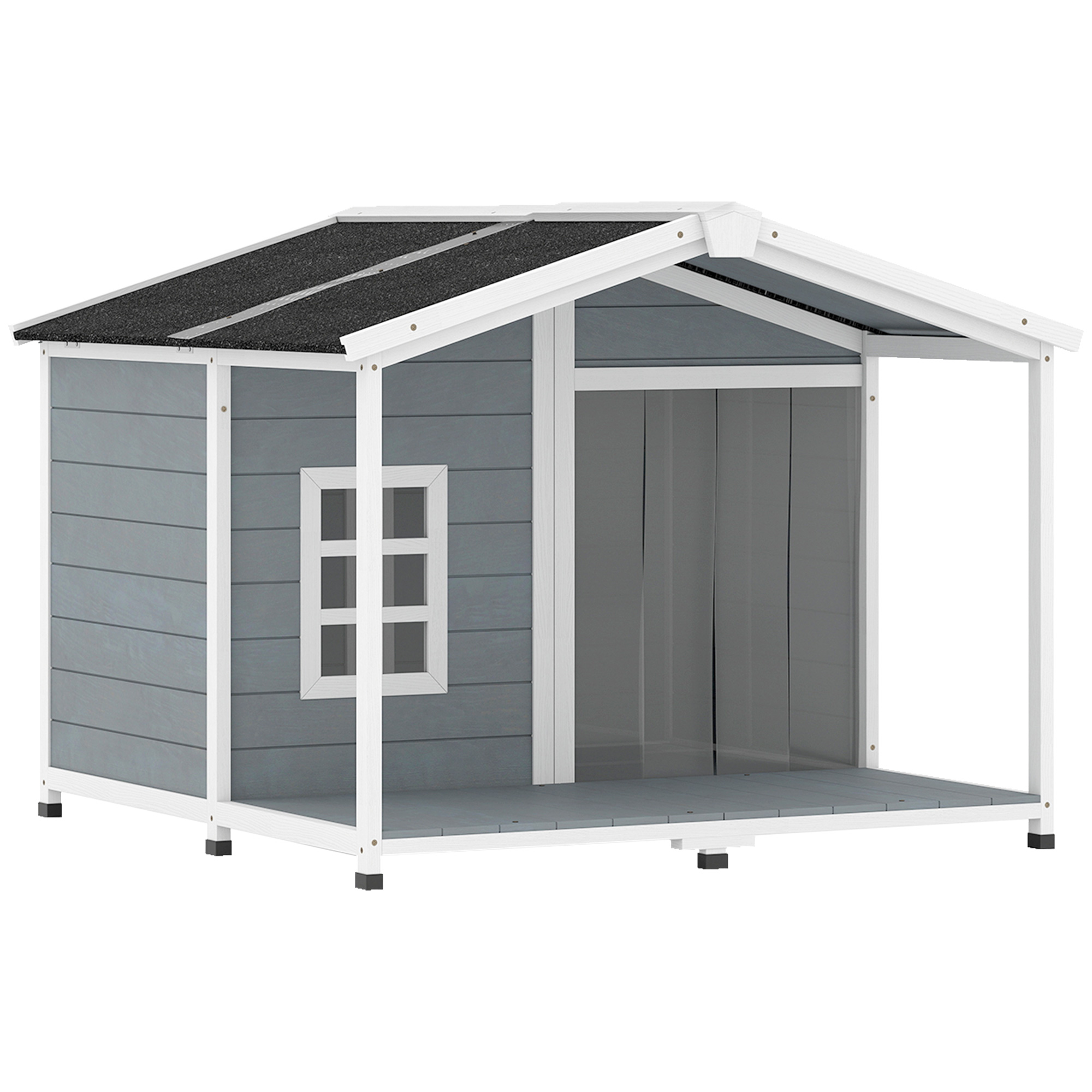 PawHut Hundehütte wetterfestes Hundehaus aus Holz 103 x 107 x 83,5 cm Erhöhte Hundehöhle mit aufklappbarem Asphaltdach, Terrasse, Fenster, Outdoor Hütte für mittelgroße Hunde bis 20 kg Grau Aosom