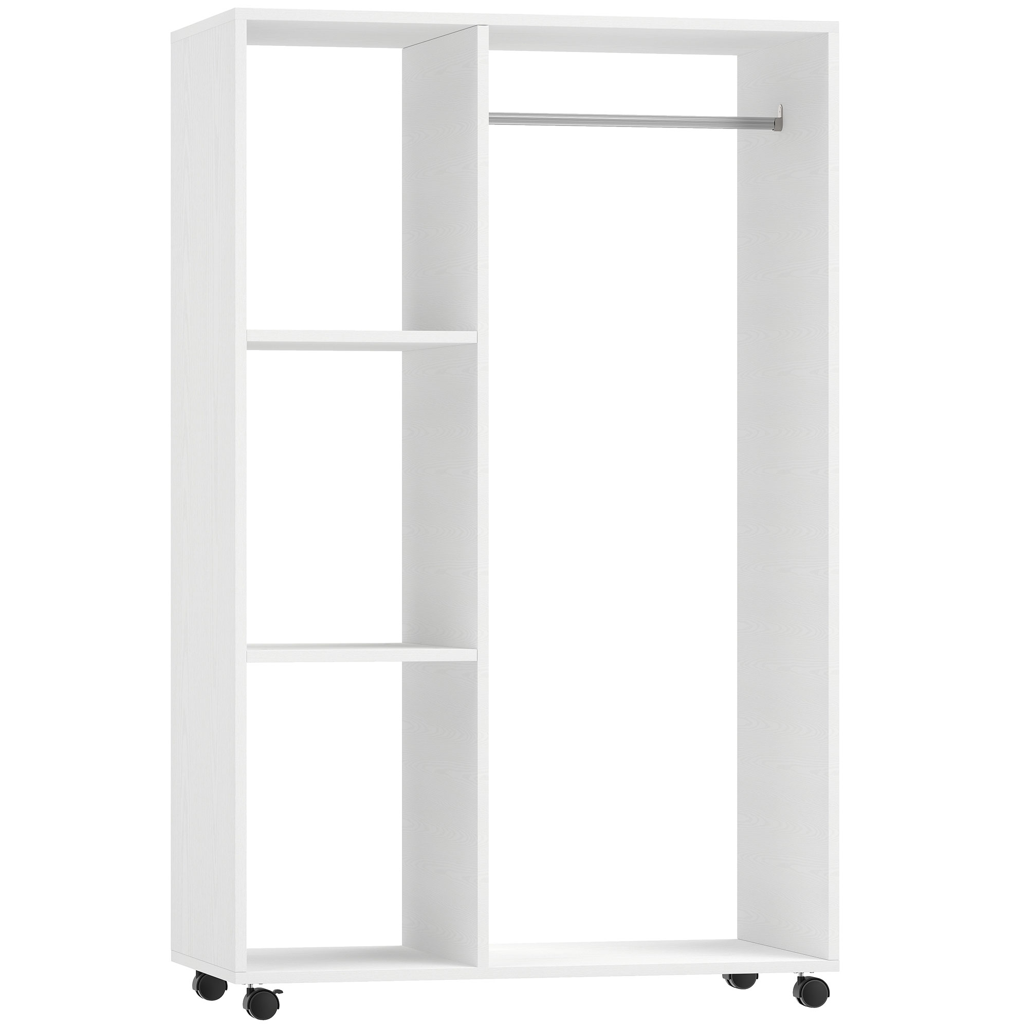 HOMCOM Kleiderschrank auf Rollen, mobile Garderobe, 1 Kleiderstange, 3 Regale, Garderobenschrank, Rollbarer Kleiderständer für Flur, Schlafzimmer, 80 x 40 x 128 cm, Weiß Aosom