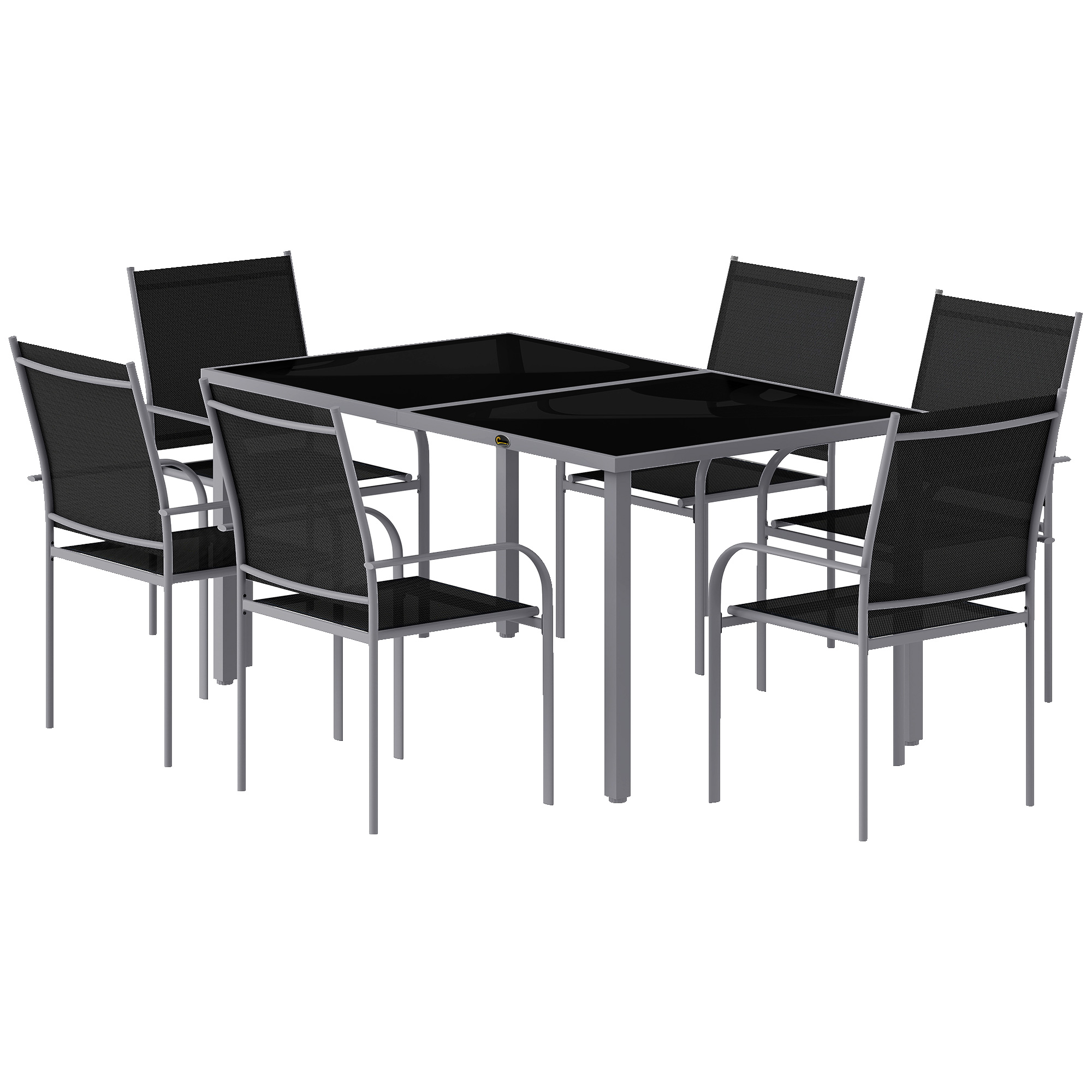 Outsunny Ensemble de jardin 6 chaises + 1 table en acier salon de jardin 7 pièces chaises empilables plateau en verre trempé noir