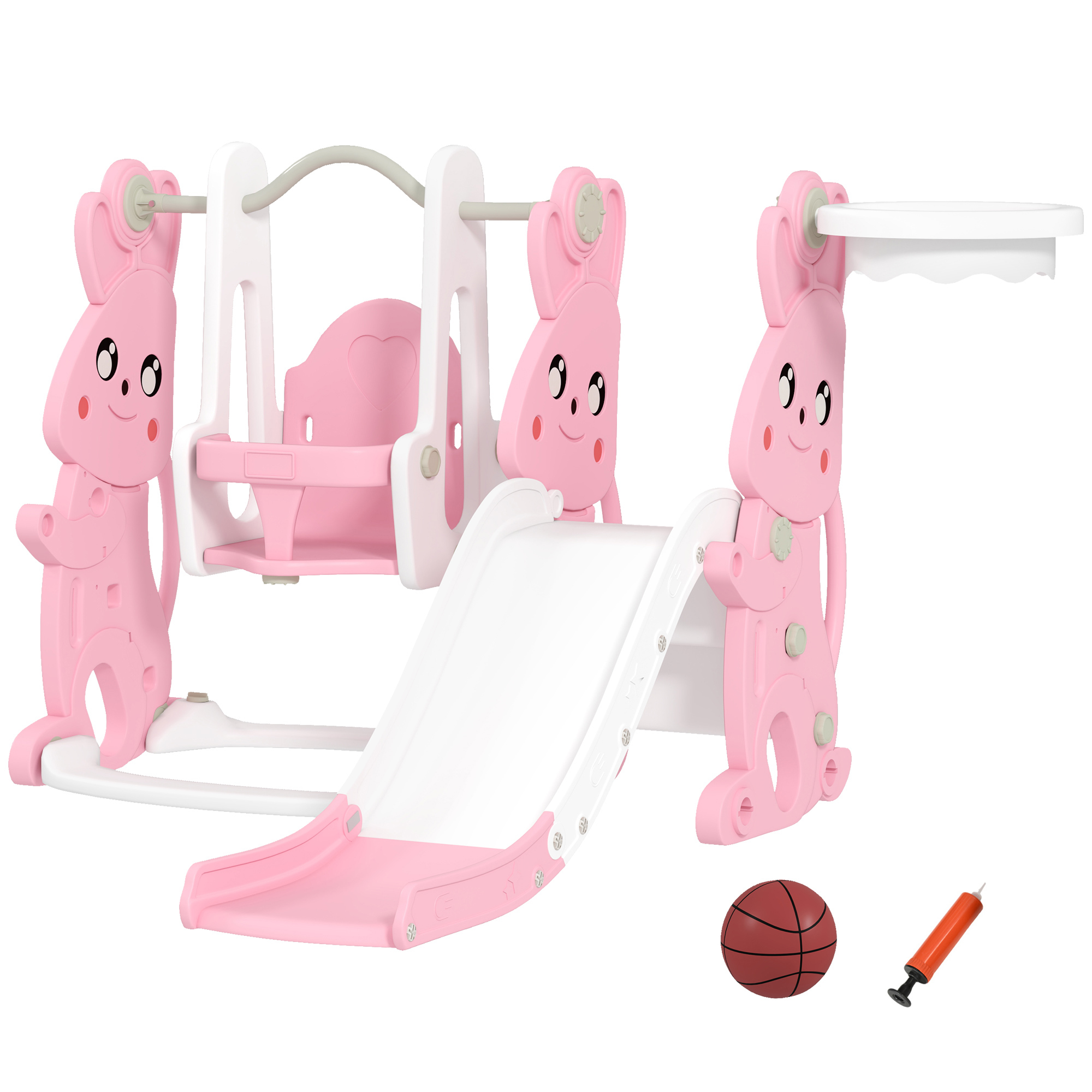 AIYAPLAY Toboggan et balançoire pour enfants 4 en 1 avec panier de basket, toboggan, balançoire, 147,5x160x107cm, rose