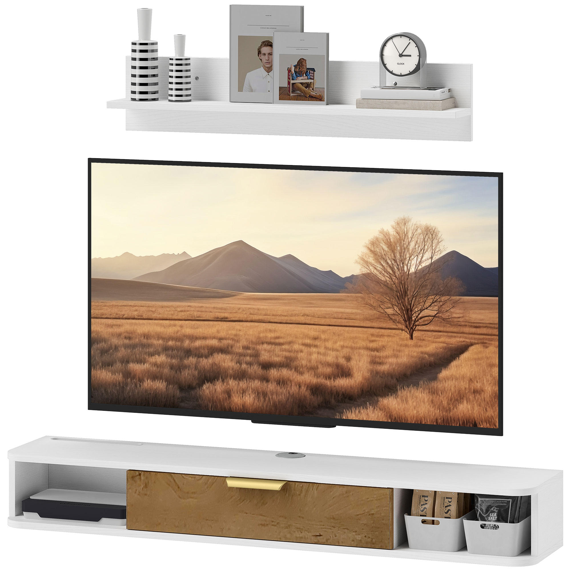 HOMCOM Meuble TV Suspendu avec Étagère Murale Bois Blanc