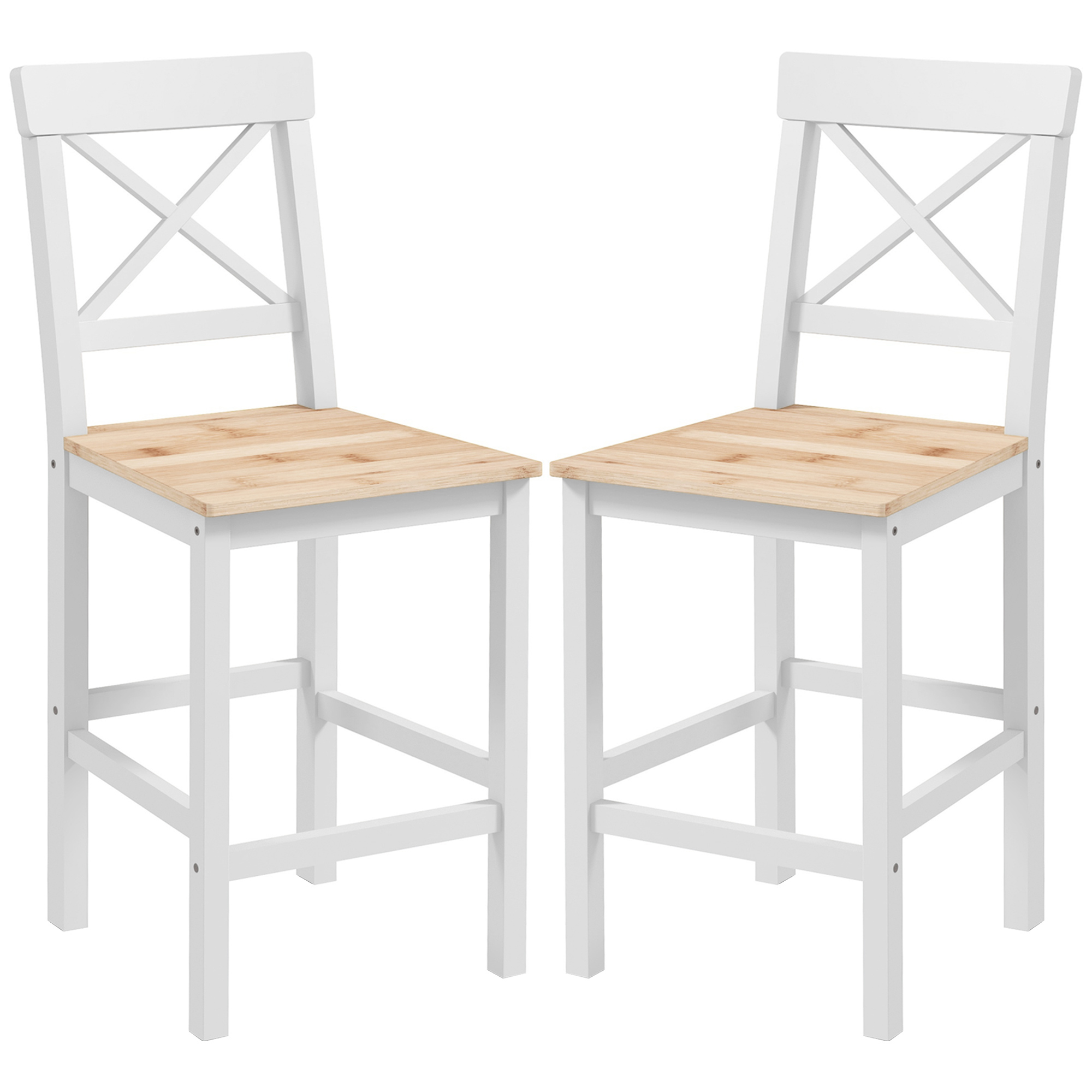 HOMCOM Lot de 2 tabourets de bar, chaises hautes campagne, dossier haut et repose-pieds, 41x46x97,5cm, blanc et bois naturel