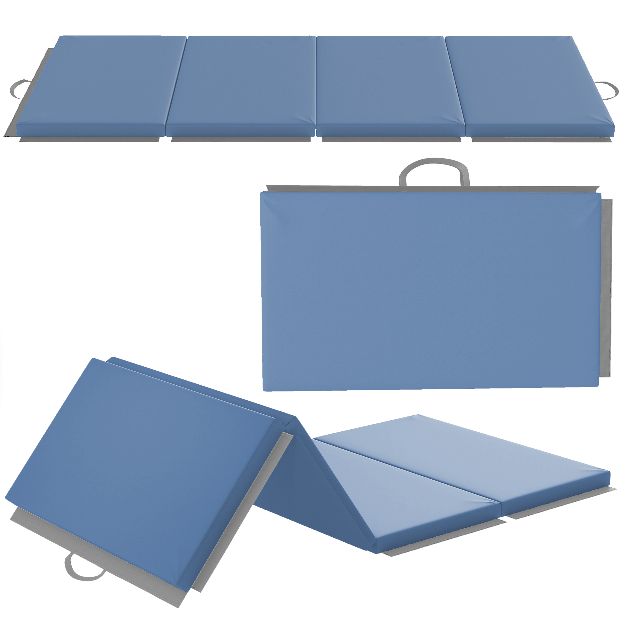 HOMCOM Tapis de gymnastique yoga pilates fitness pliable en 4 avec poignées revêtement synthétique 180 x 80 x 5 cm bleu clair