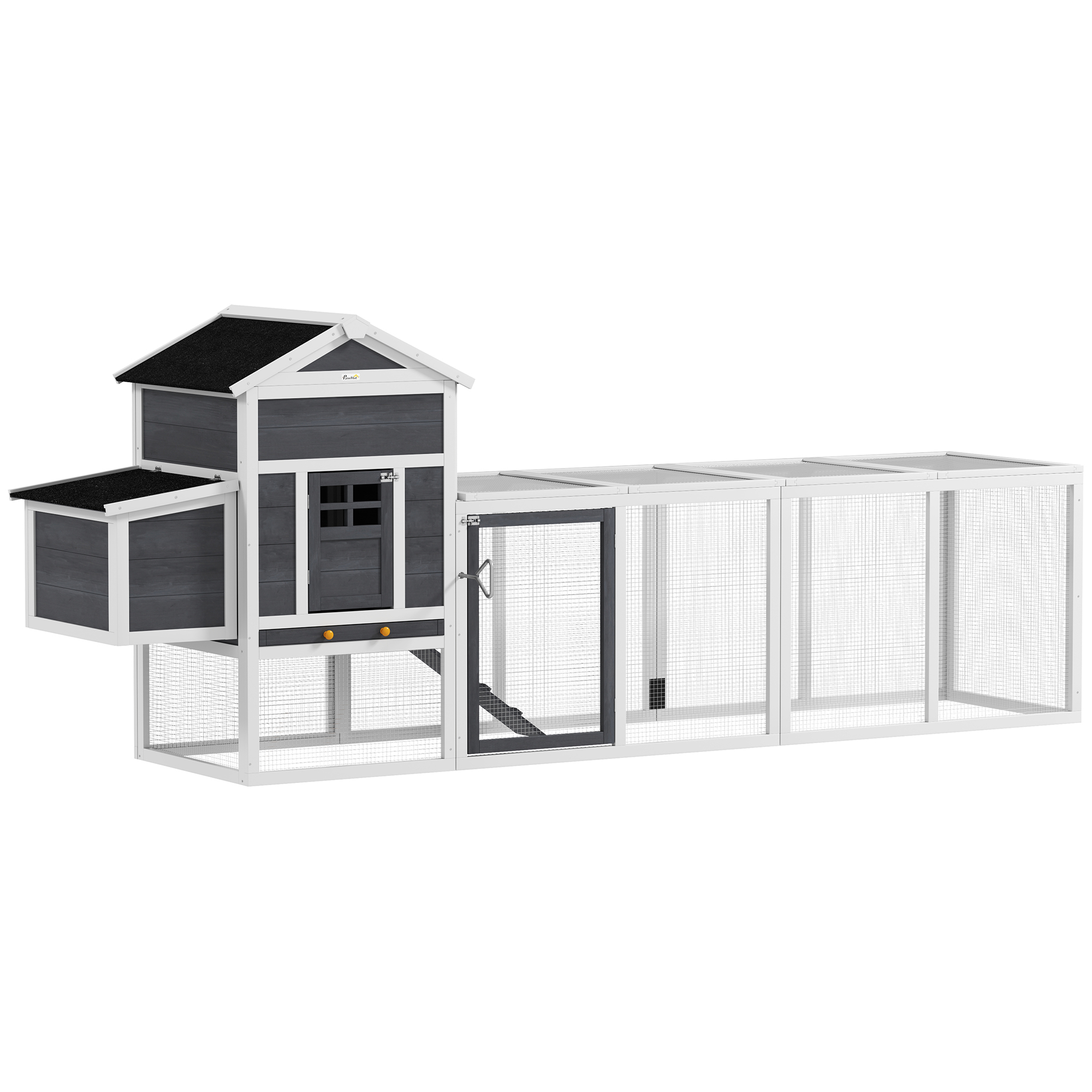 PawHut Poulailler en bois poulailler pour poules extérieur avec pondoir bac amovible en bois massif 297,5 x 68 x 118 cm blanc