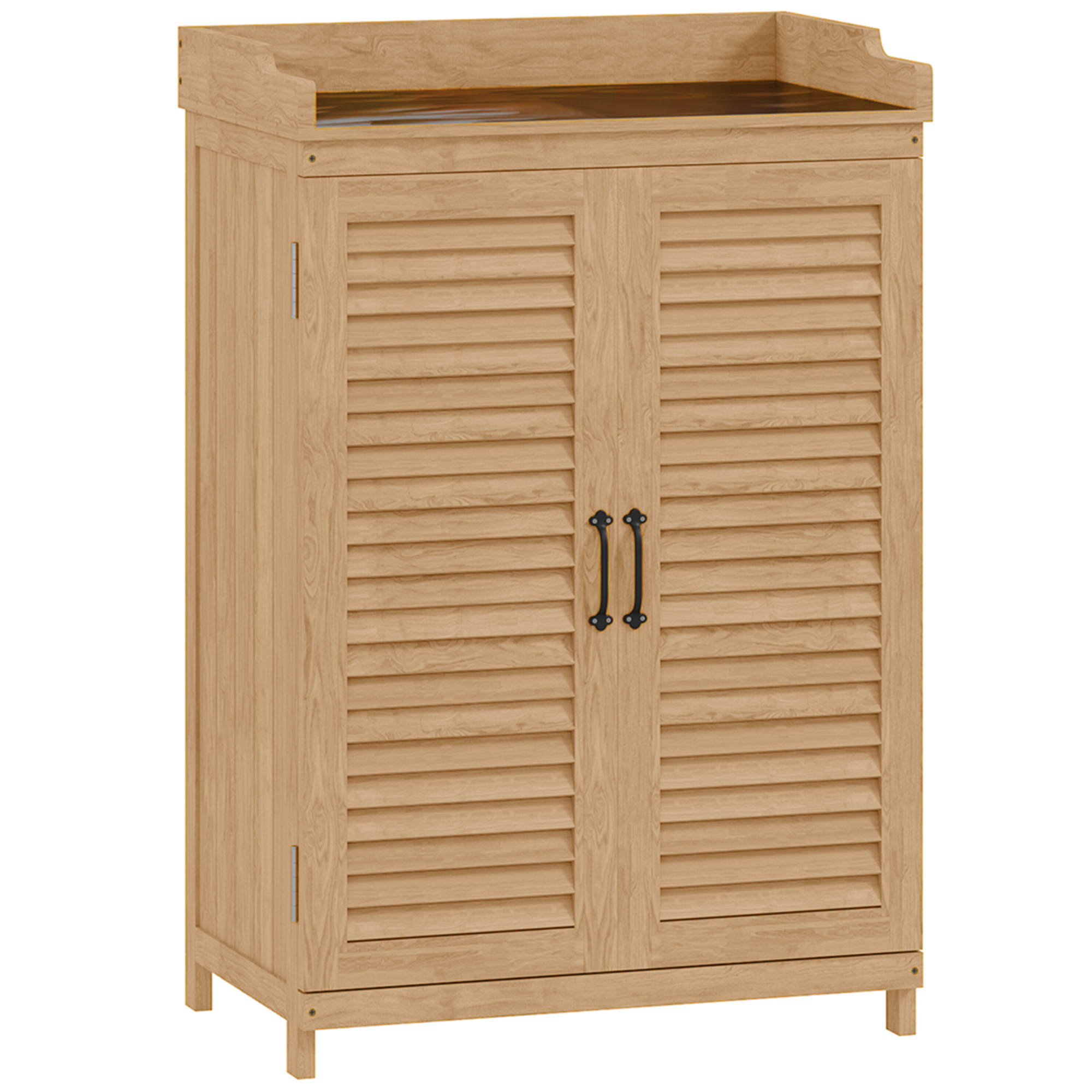 Outsunny Gartenschrank Holz, Geräteschuppen mit Arbeitsfläche, wetterfest Geräteschrank, 65,5x40x98,5cm, Gerätehaus mit Lamellentür, Ablagen, Werkzeugschrank Gartenschuppen für Garten, Terrasse, Gelb Aosom