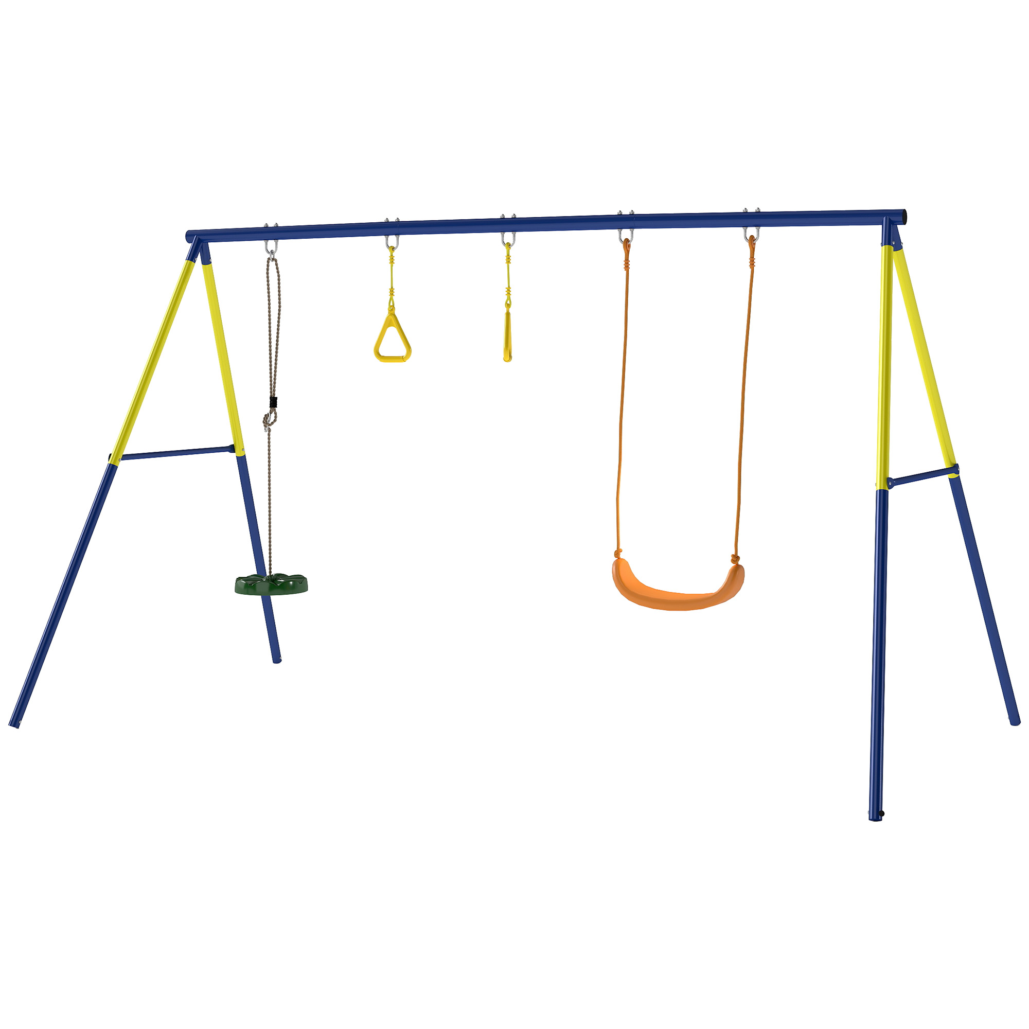 AIYAPLAY Portique Balancoire Exterieur Enfants 3-en-1, Siège de Balancelle, 2 Anneaux Gymnastique et Balançoire à Disque