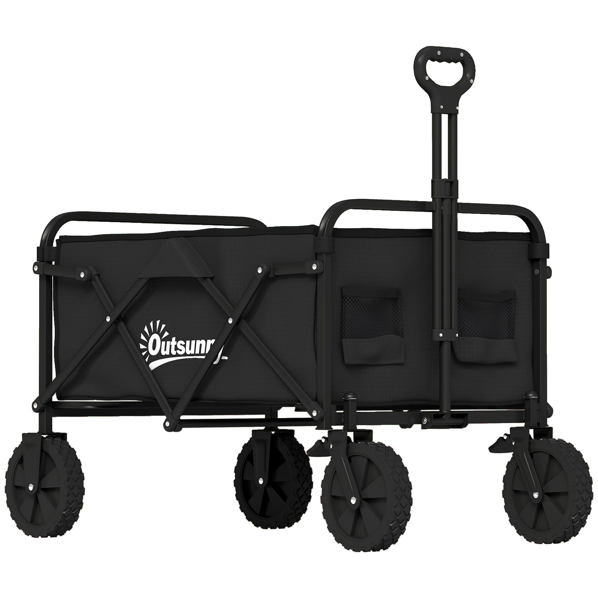 Outsunny Bollerwagen Faltbarer Handwagen Gartenwagen Transportwagen mit Griff Verstellbarer Griffhöhe Getränkehalter Strandwagen bis 80 kg Tragkraft, für Sport, Einkauf, Camping, Schwarz Aosom