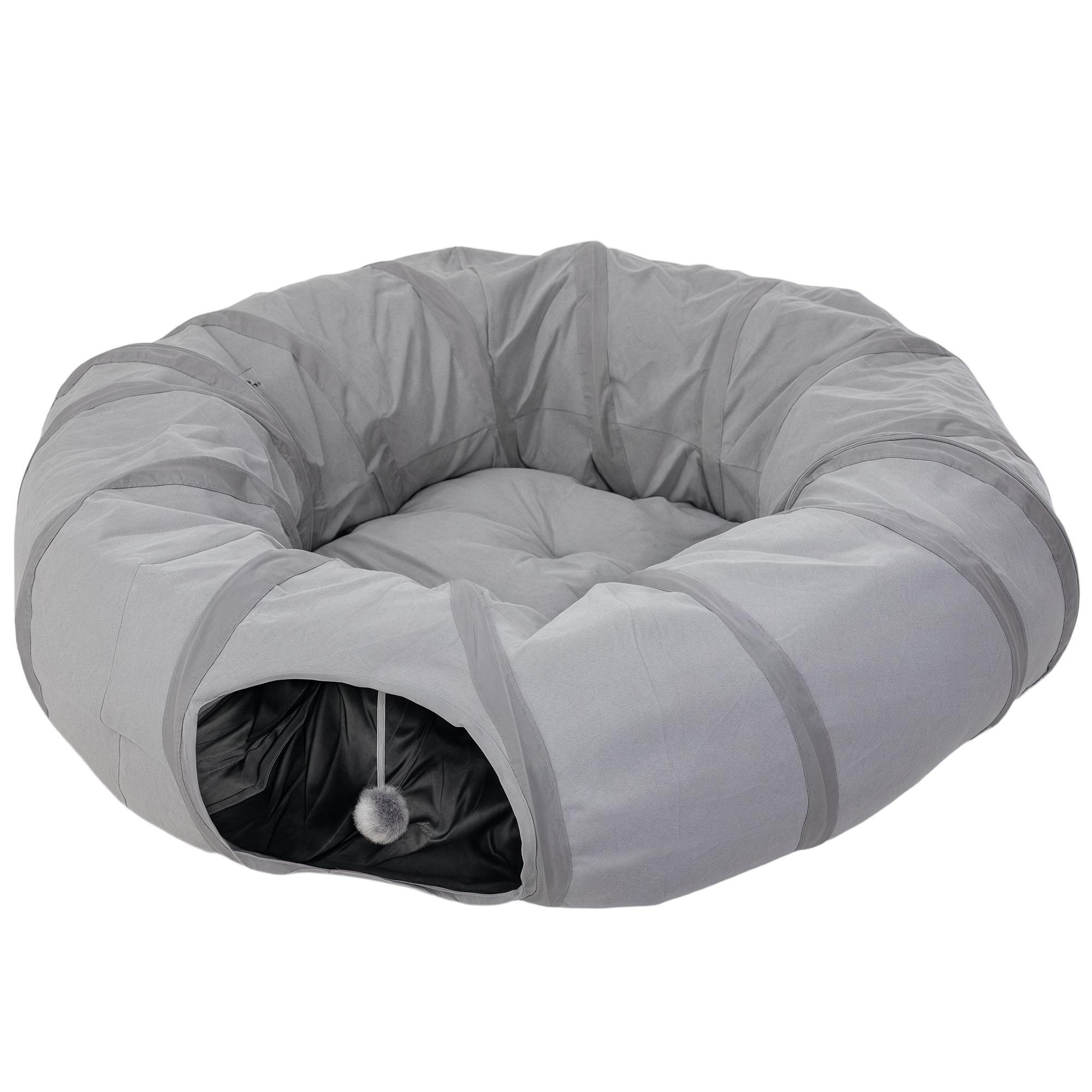PawHut Tunnel pour chat intérieur rond tunnel avec lit et coussin, pliable, avec trous pour balles et judas, Ø 90 x 27 cm gris