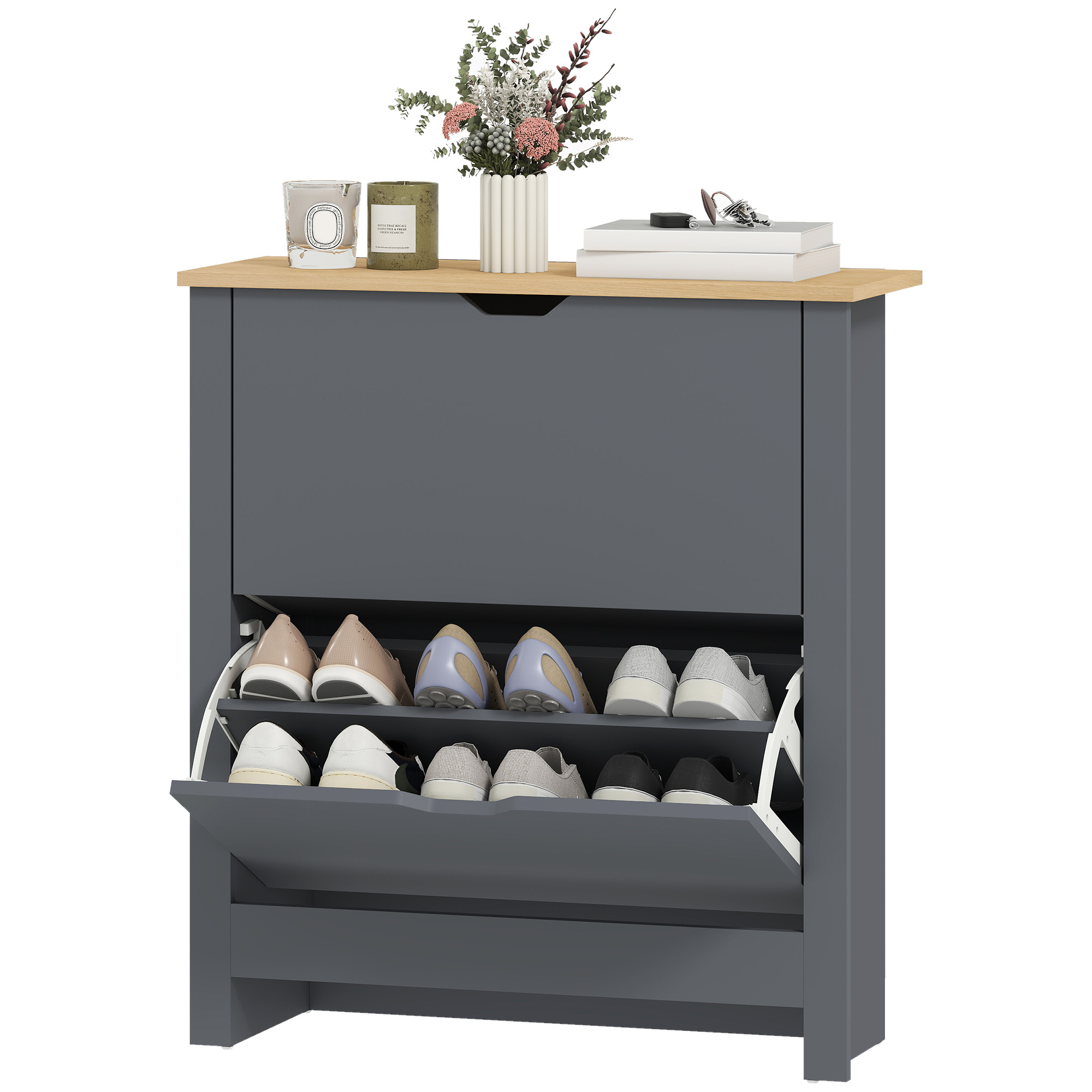 HOMCOM Meuble à chaussures 12 paires, armoire à chaussures étroite avec 2 tiroirs rabattables et étagères réglables, gris foncé
